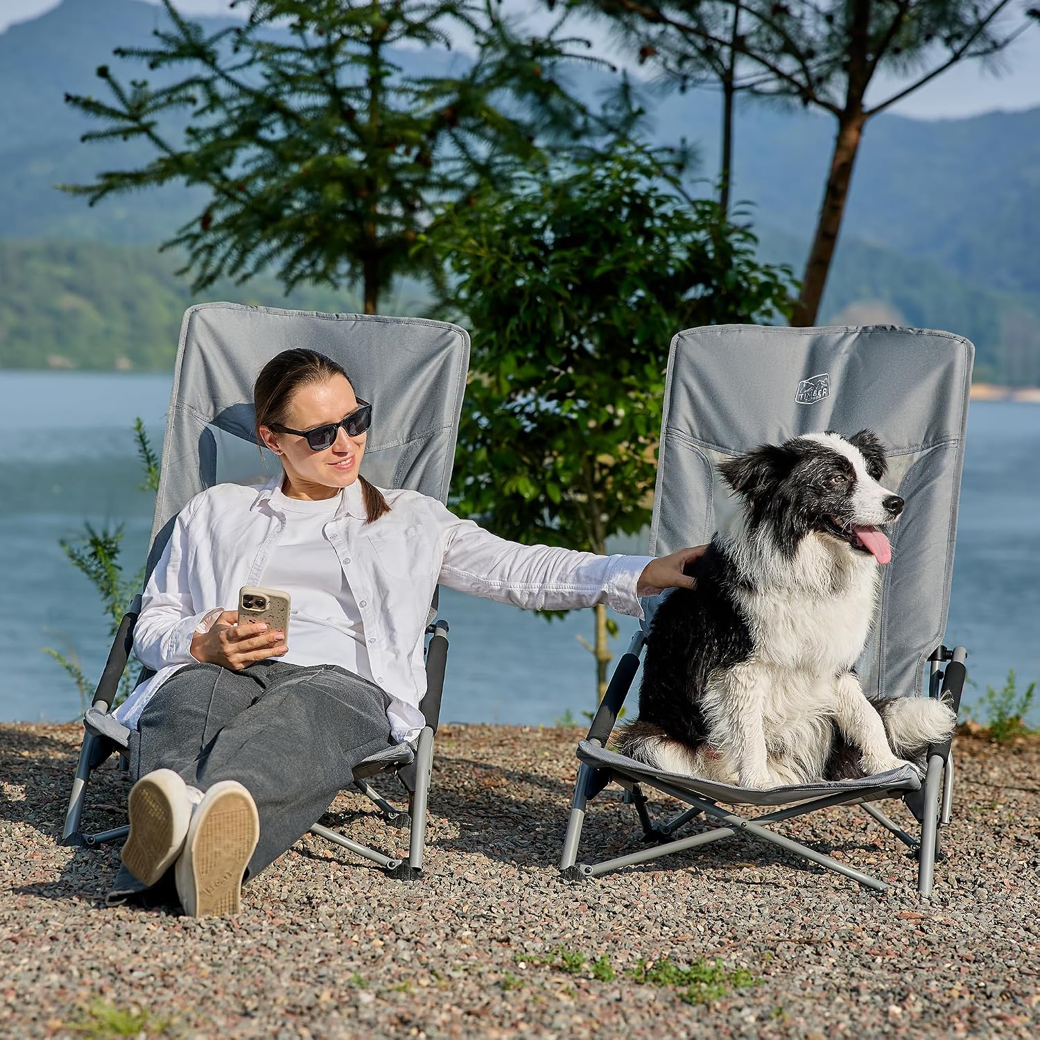 Thumbnail 1 de TIMBER RIDGE Low Folding Beach Chair (Grey) – Lightweight, 150kg Capacity, Mesh High Back, 2-Pack