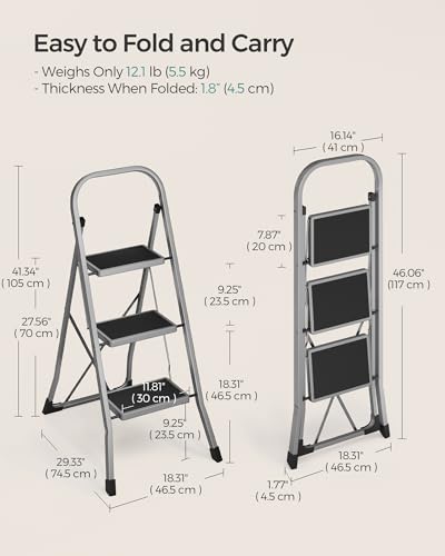 Detalle de SONGMICS 3-Step Folding Ladder – Safe, Compact Steel Step Stool