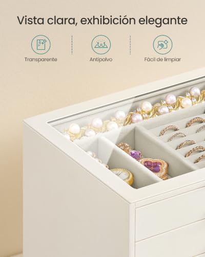 Detalle de SONGMICS Joyero con 5 cajones y tapa de cristal – Organizador elegante para tocador