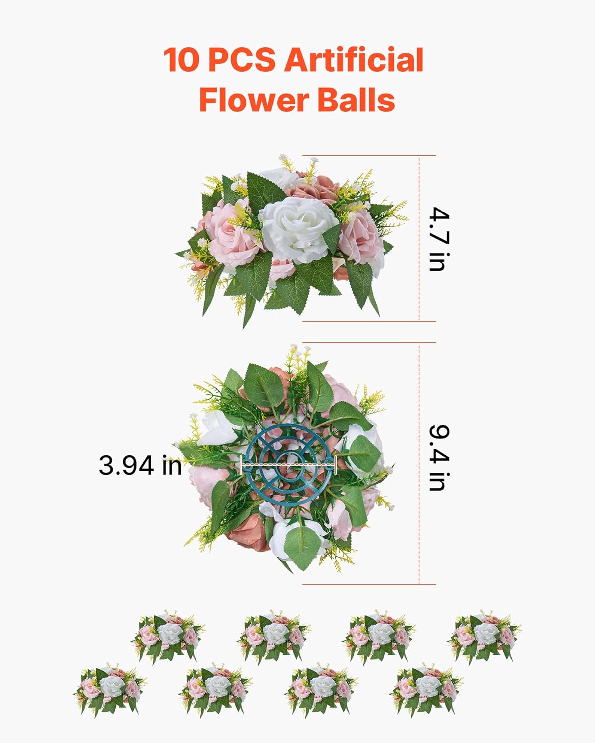Detalle de VEVOR Boules de Fleurs Artificielles – Lot de 10, Ø24 cm, Roses en Rose et Blanc, Centres de Table polyvalents