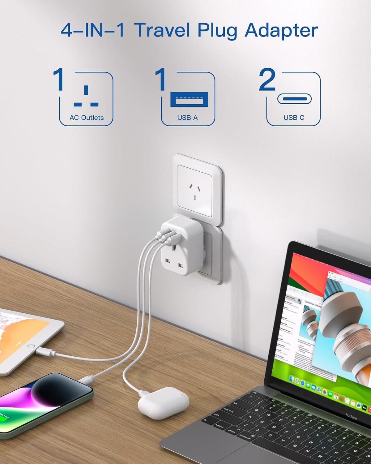 Detalle 2 de UK to Australia Plug Adapter 4-in-1 with 3 USB Ports 🔌