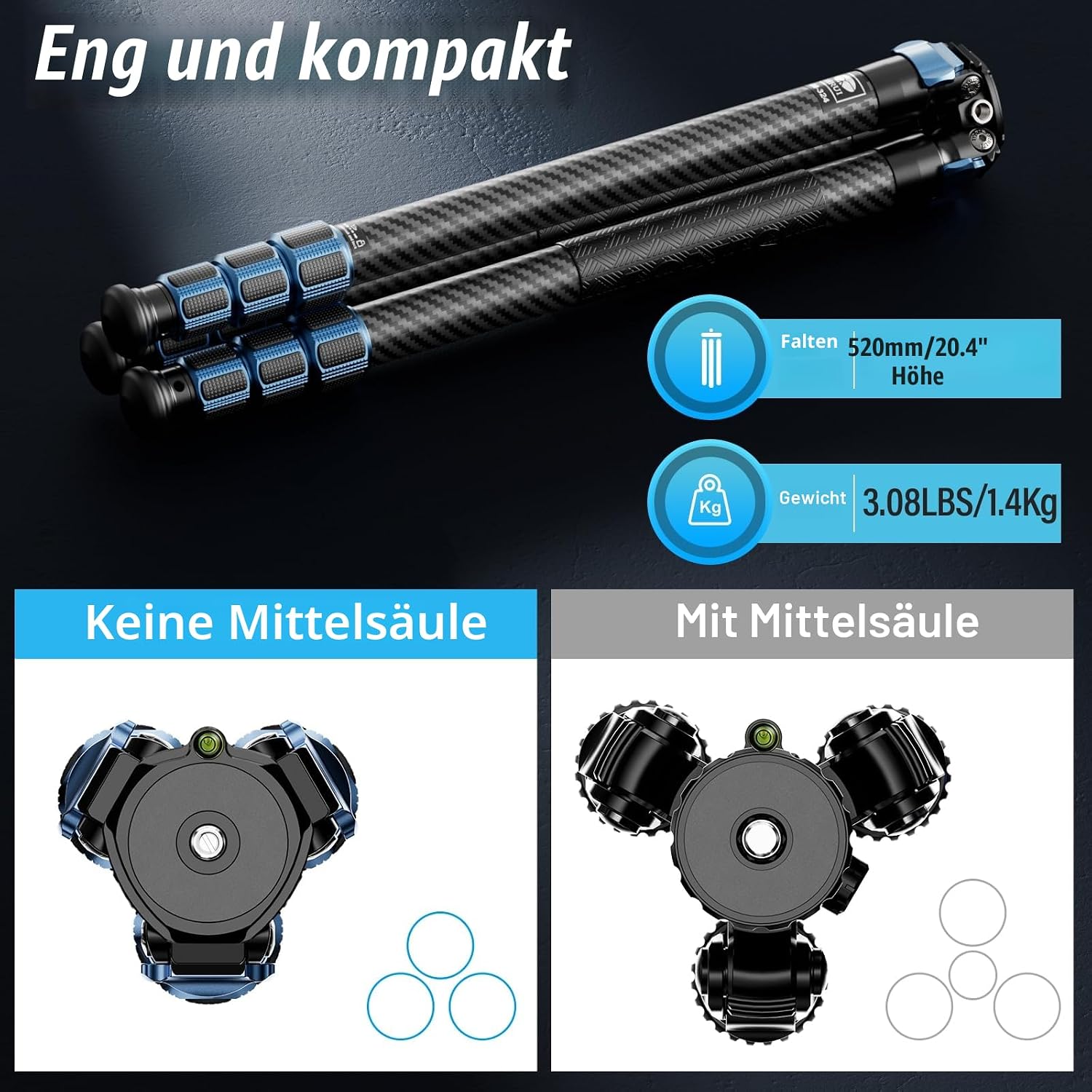 Detalle de SIRUI AM-324 Kohlefaser-Kamerastativ & Reisestativ (4 Sektionen) – belastbar bis 19 kg, ohne Mittelsäule