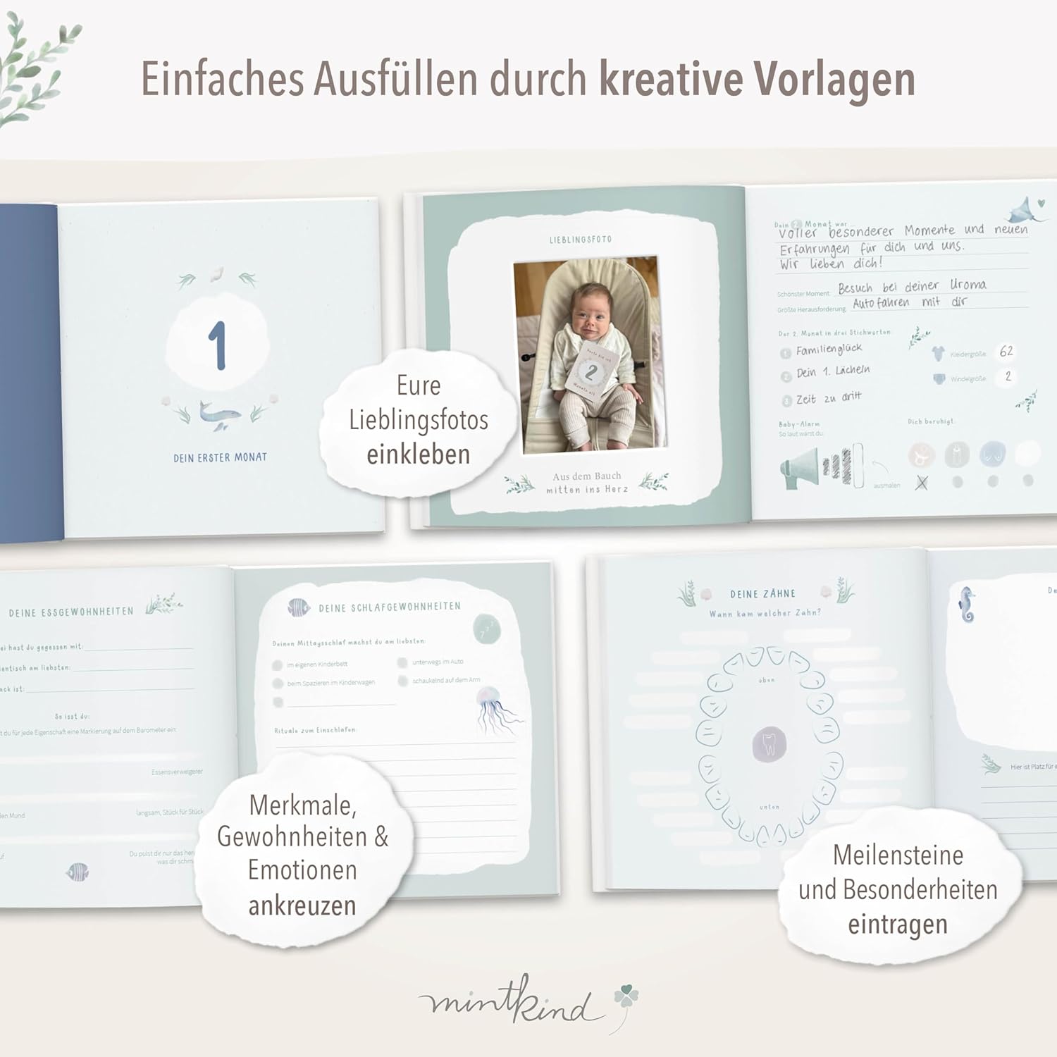 Thumbnail 4 de mintkind® „Mein erstes Jahr“ Babyalbum Wal blau mit 176 Seiten & Sticker-Set (Hardcover, 21 x 21 cm)