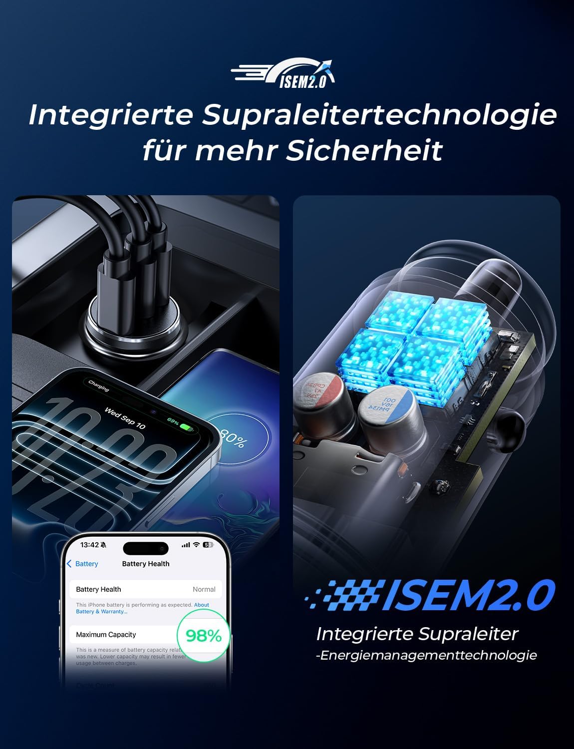 Detalle 2 de LISEN 108W Zigarettenanzünder USB C – 3-Port PD PPS Schnellladegerät für Auto