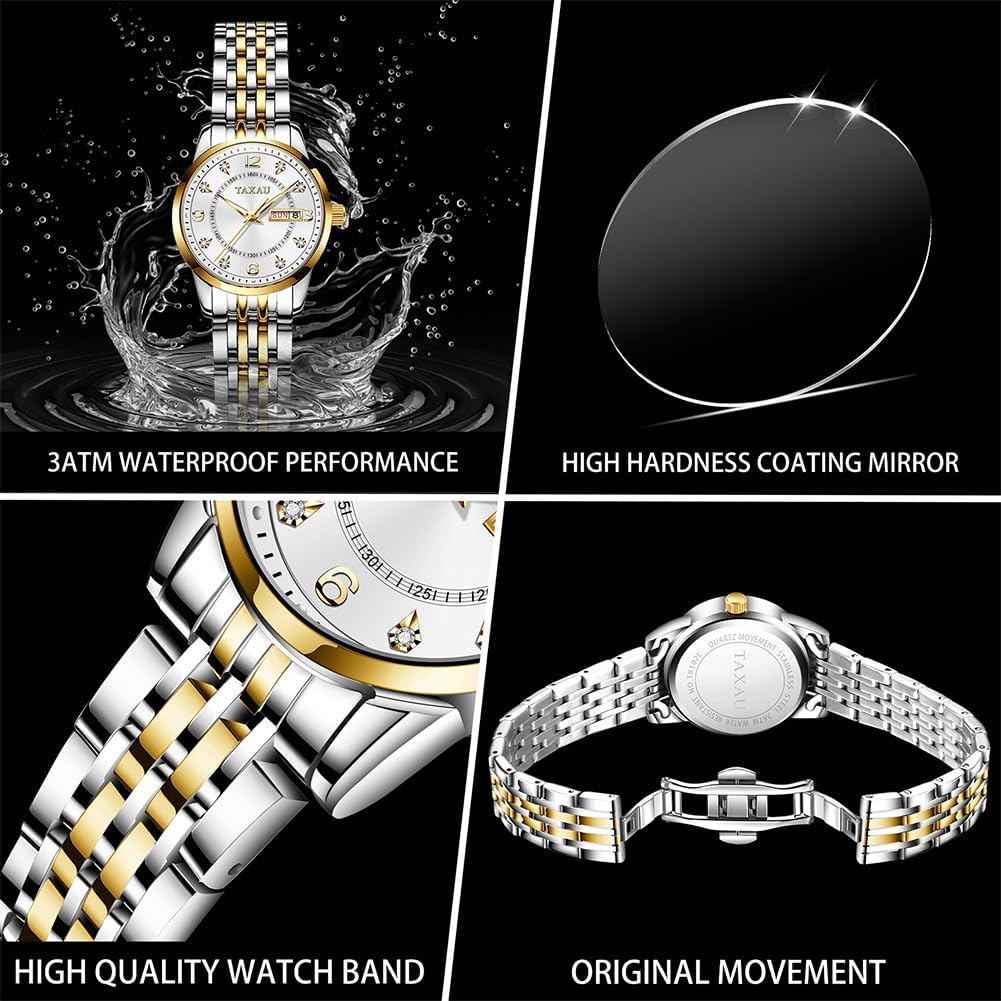 Thumbnail 1 de Taxau Damen-Armbanduhr mit Quarzwerk, Datum und 3ATM Wasserschutz im Edelstahlband (Gold/Silber)