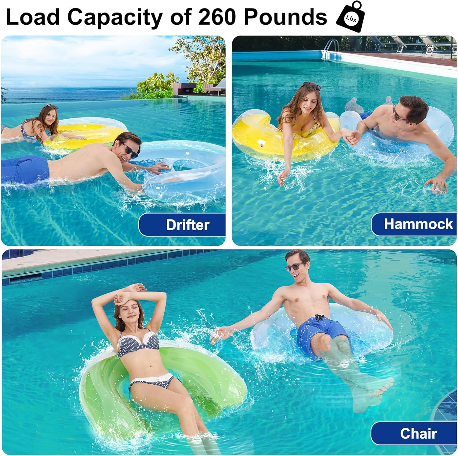 Detalle 2 de PuppyuWill 3-Pack Adult Pool Float Chair Loungers (52 x 38 in) — Minimalist U-Shaped Inflatable Pool Floats