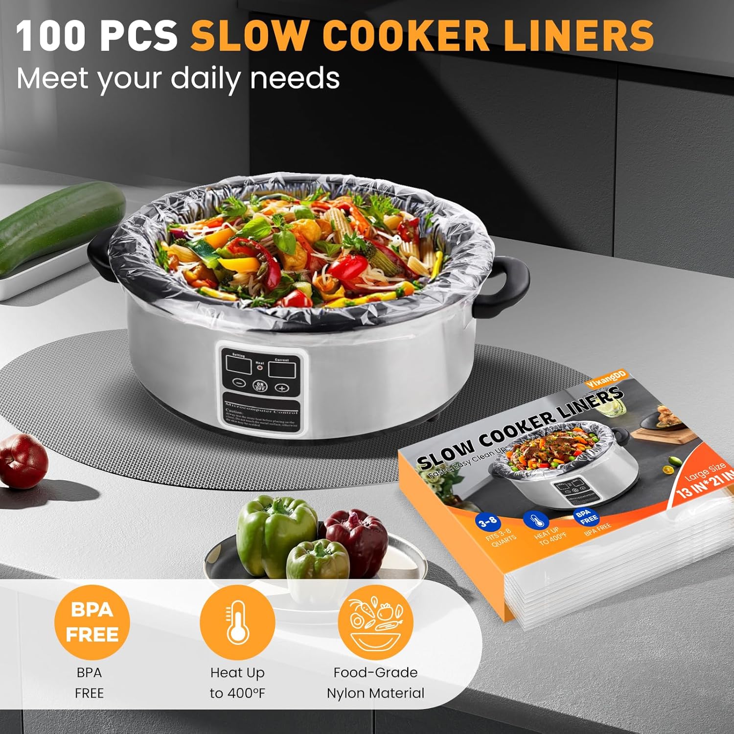 Detalle de 100 Pack Slow Cooker Liners, Large 13" x 21" – BPA-Free, Fits 3–8 Quart Pots