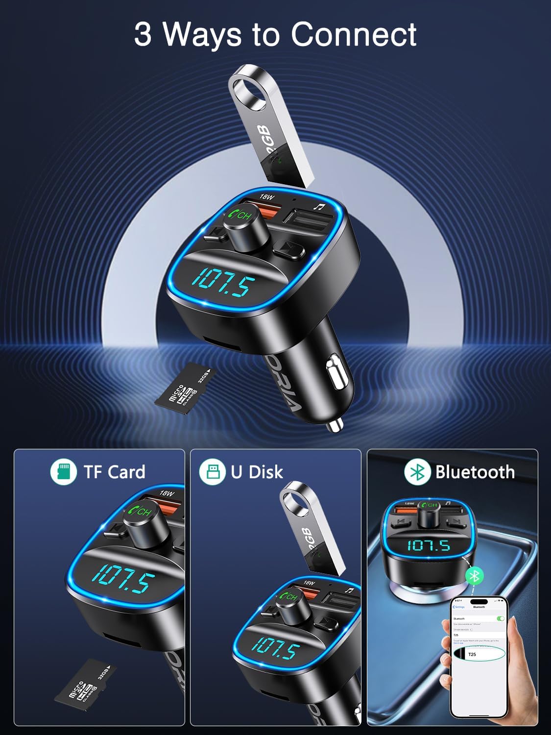 Thumbnail 4 de ORIA Car Bluetooth Adapter 5.3 FM transmitter
