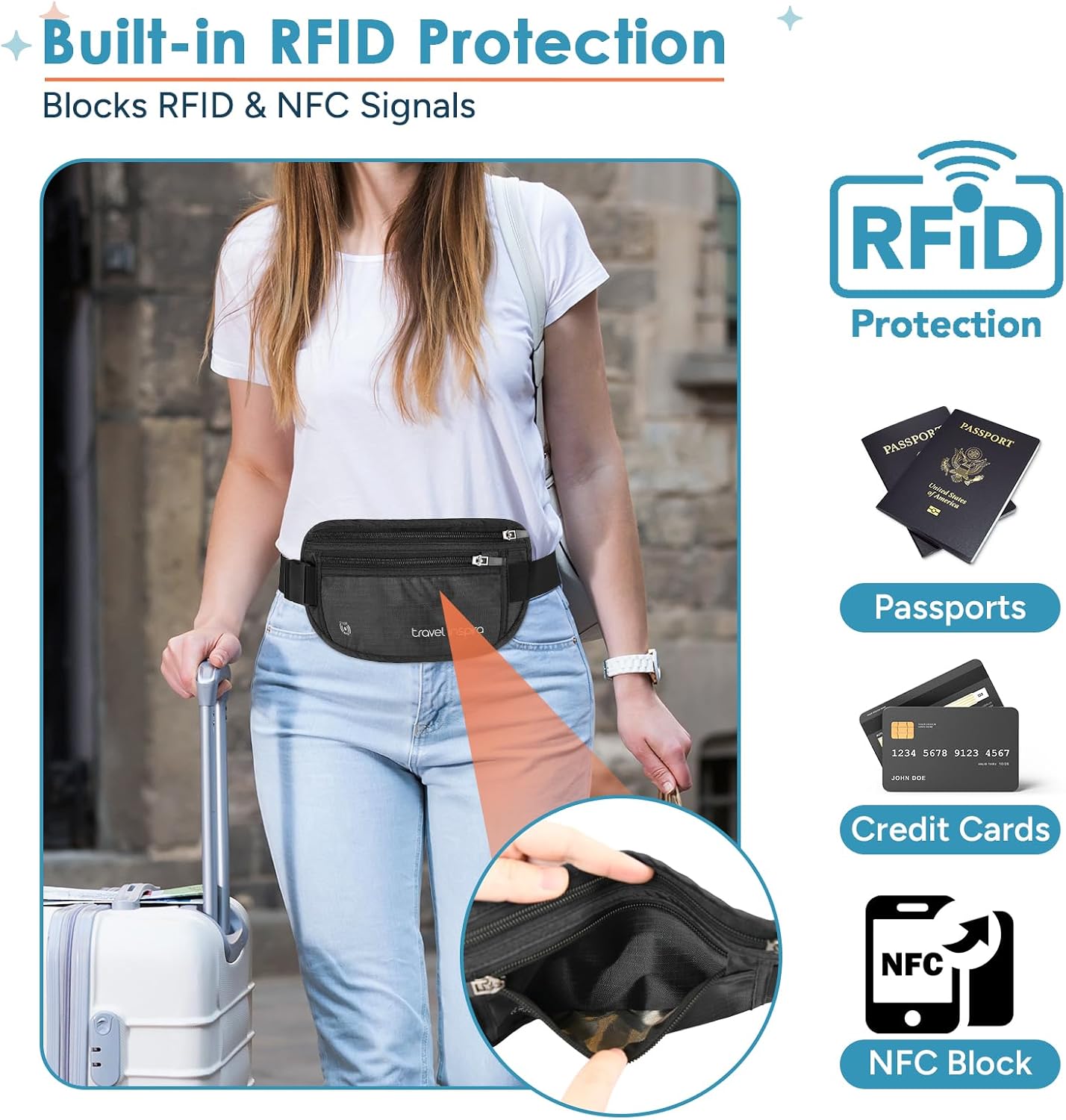 Thumbnail 1 de Travel Inspira Money Belt: RFID‑Blocking Passport Holder and Ultra‑Slim Travel Wallet