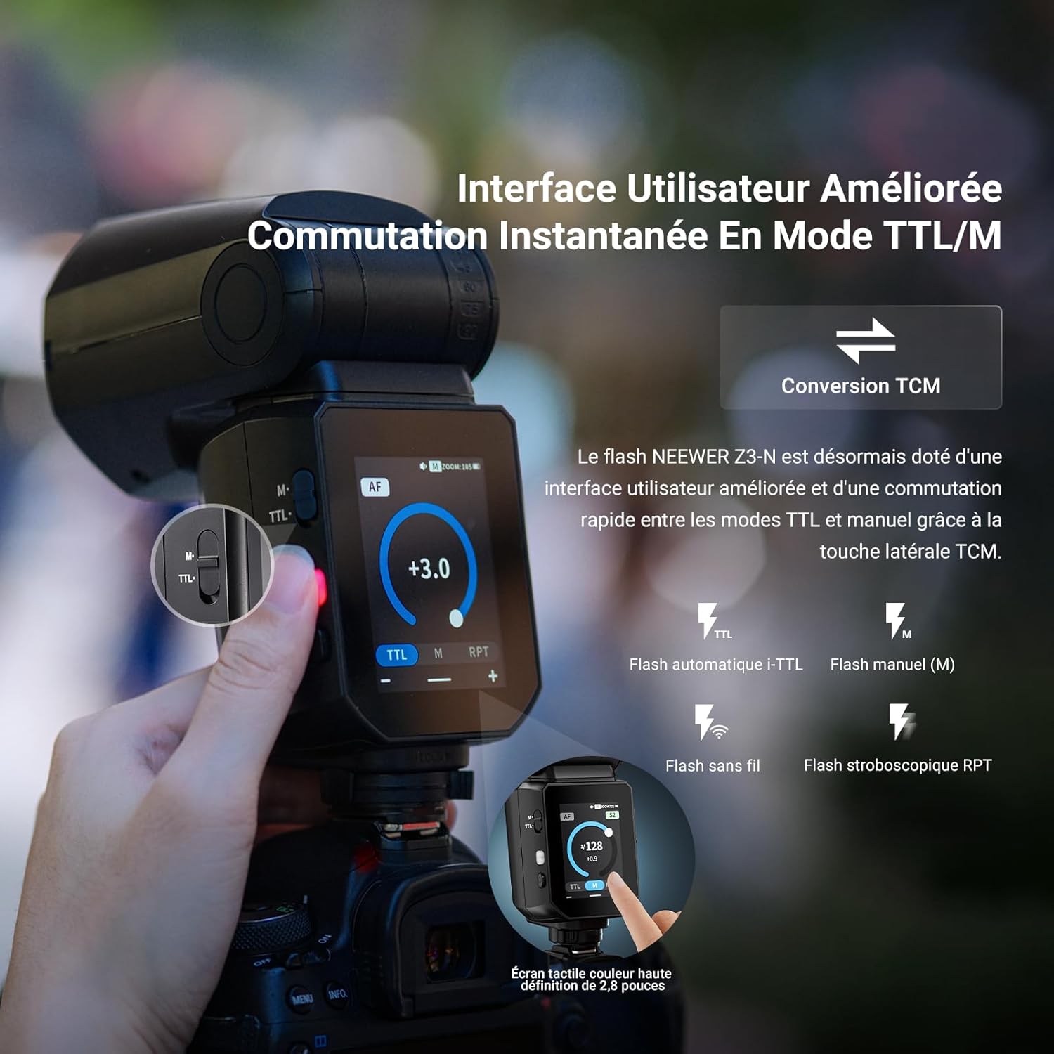 Detalle 2 de NEEWER Flash 100Ws Z3-C 2,4G TTL avec écran tactile, HSS 1/8000 pour Canon et Godox