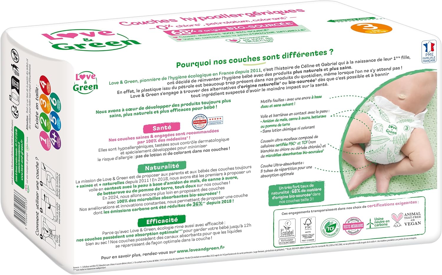 Thumbnail 2 de Love & Green Couches Bébé Saines et Écologiques – Taille 3 (4-9 kg) – Pack 1 Mois (208 couches)