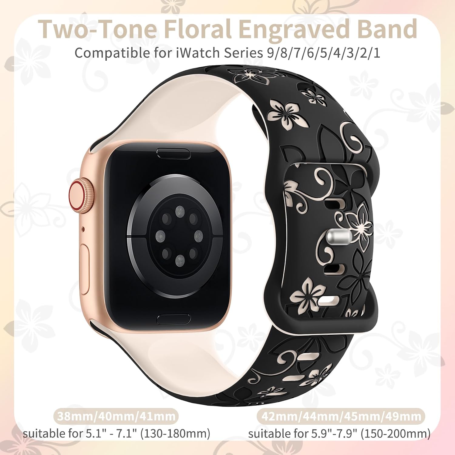 Detalle 2 de Floral Engraved Silicone Strap for Apple Watch (38–49mm) – Two-tone flower band