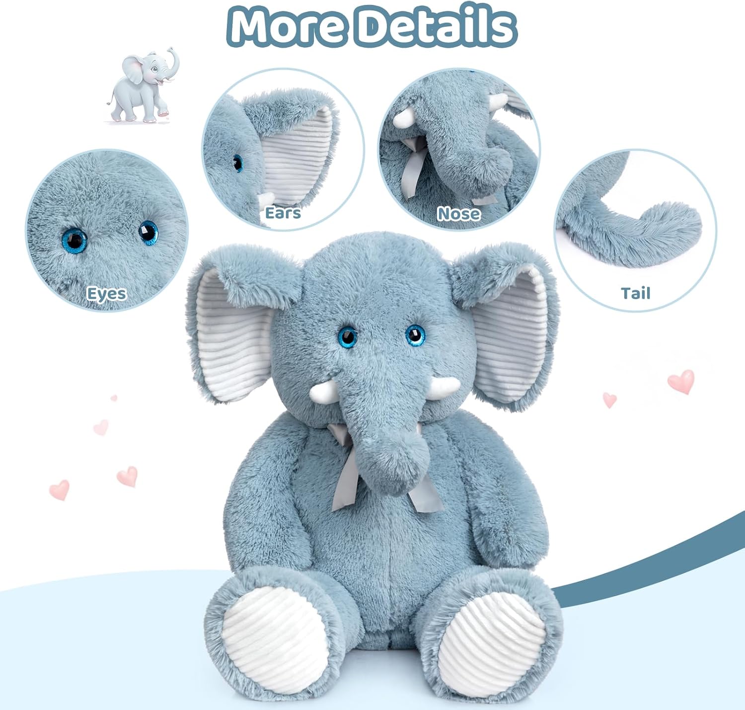 Detalle de BEJOY XXL Großer Elefant Teddy – 100 cm, Plüschtiere mit 3D-Blauäugigen Augen, weiches Kuscheltier für Kinder