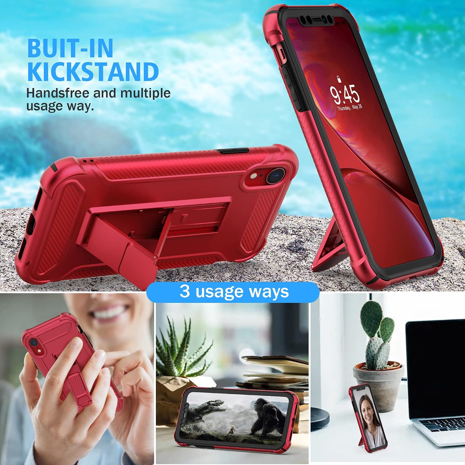 Detalle de ORETECH 5-in-1 Hülle für iPhone XR (6,1") mit 2 Schutzfolien, Ständer und Vollschutz – Rot