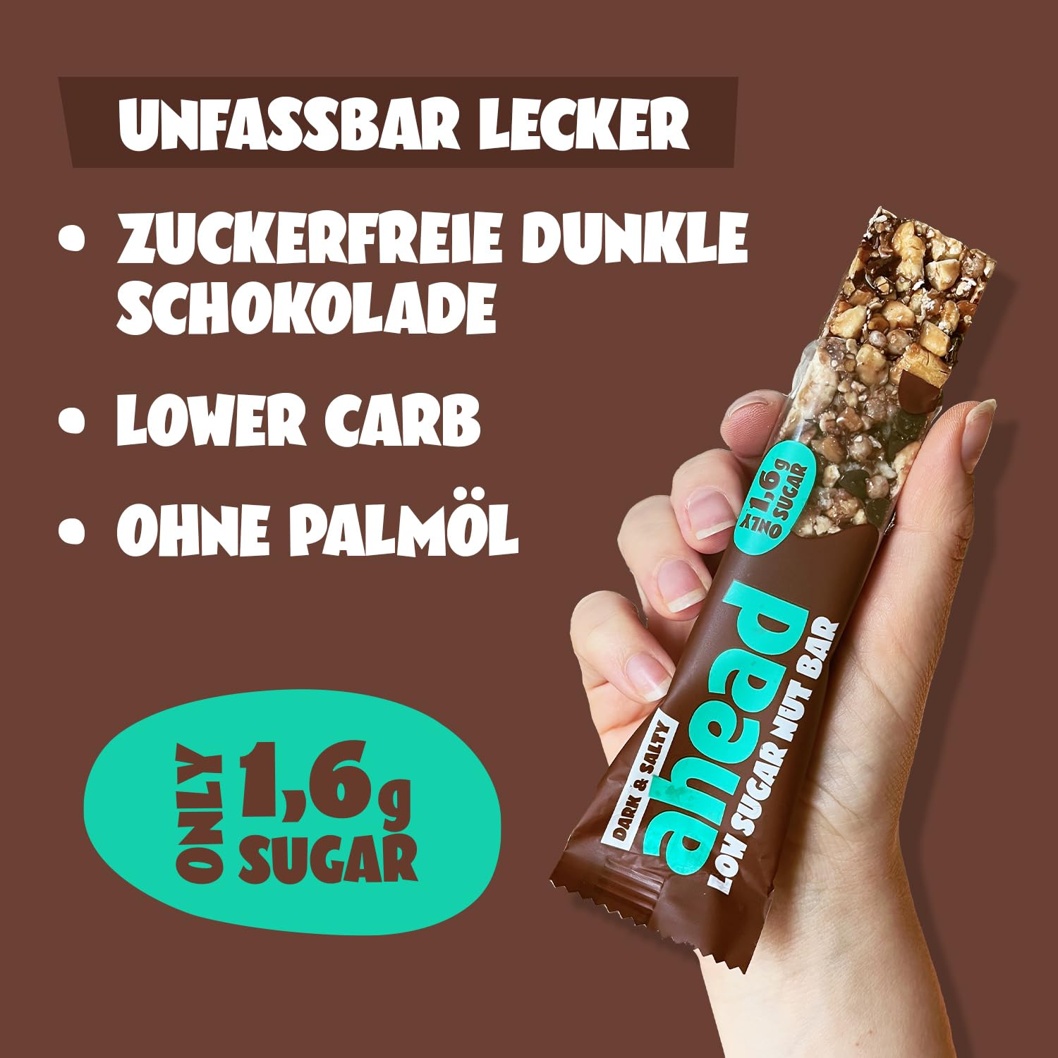 Detalle de AHEAD Nut Bar – Nussriegel zuckerfrei mit Zartbitterschokolade, Cashewkernen & Meersalz-Flocken (12x35g)