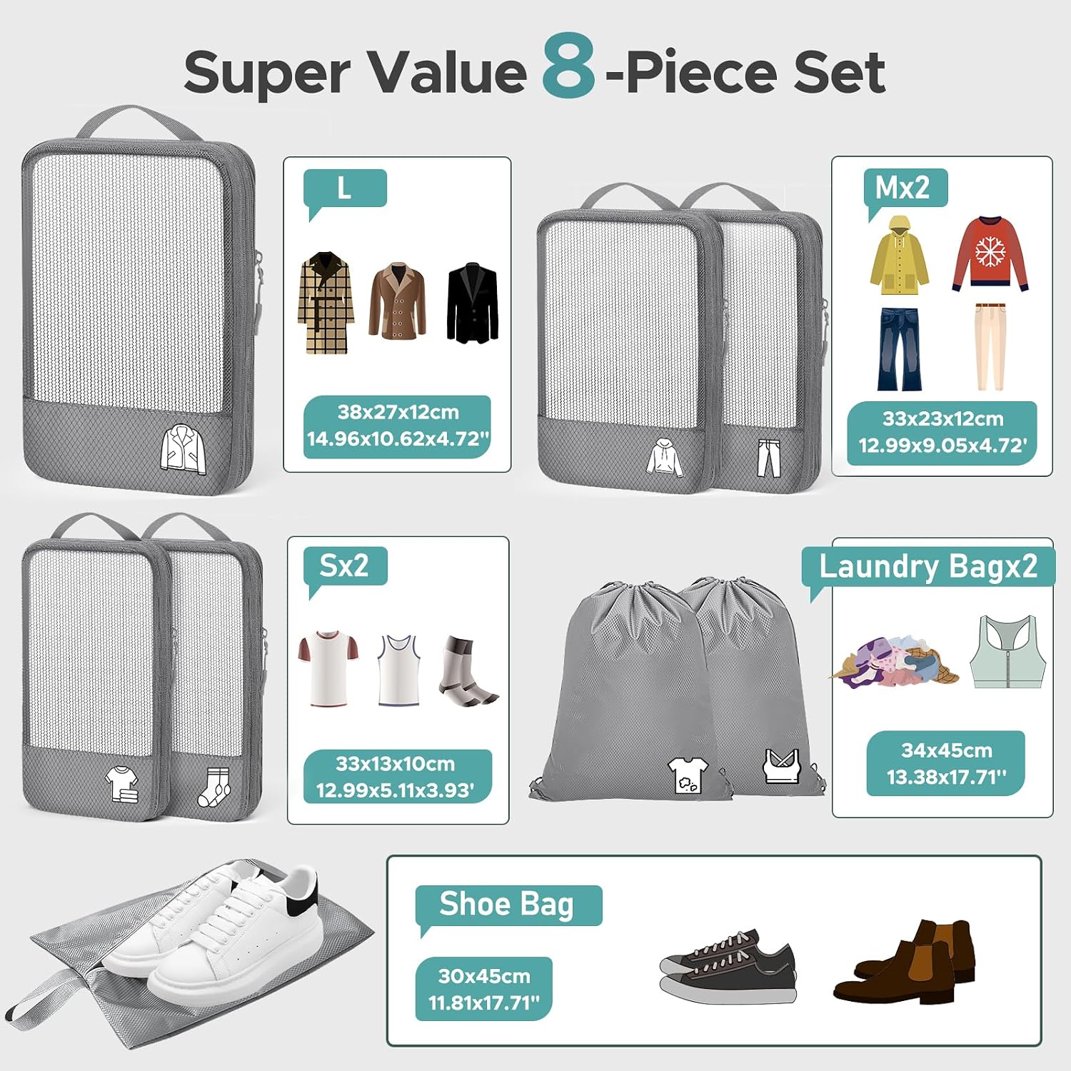 Detalle de Compression Travel Organizer Suitcase Bag with 8 Pieces Packing Cubes – Grey