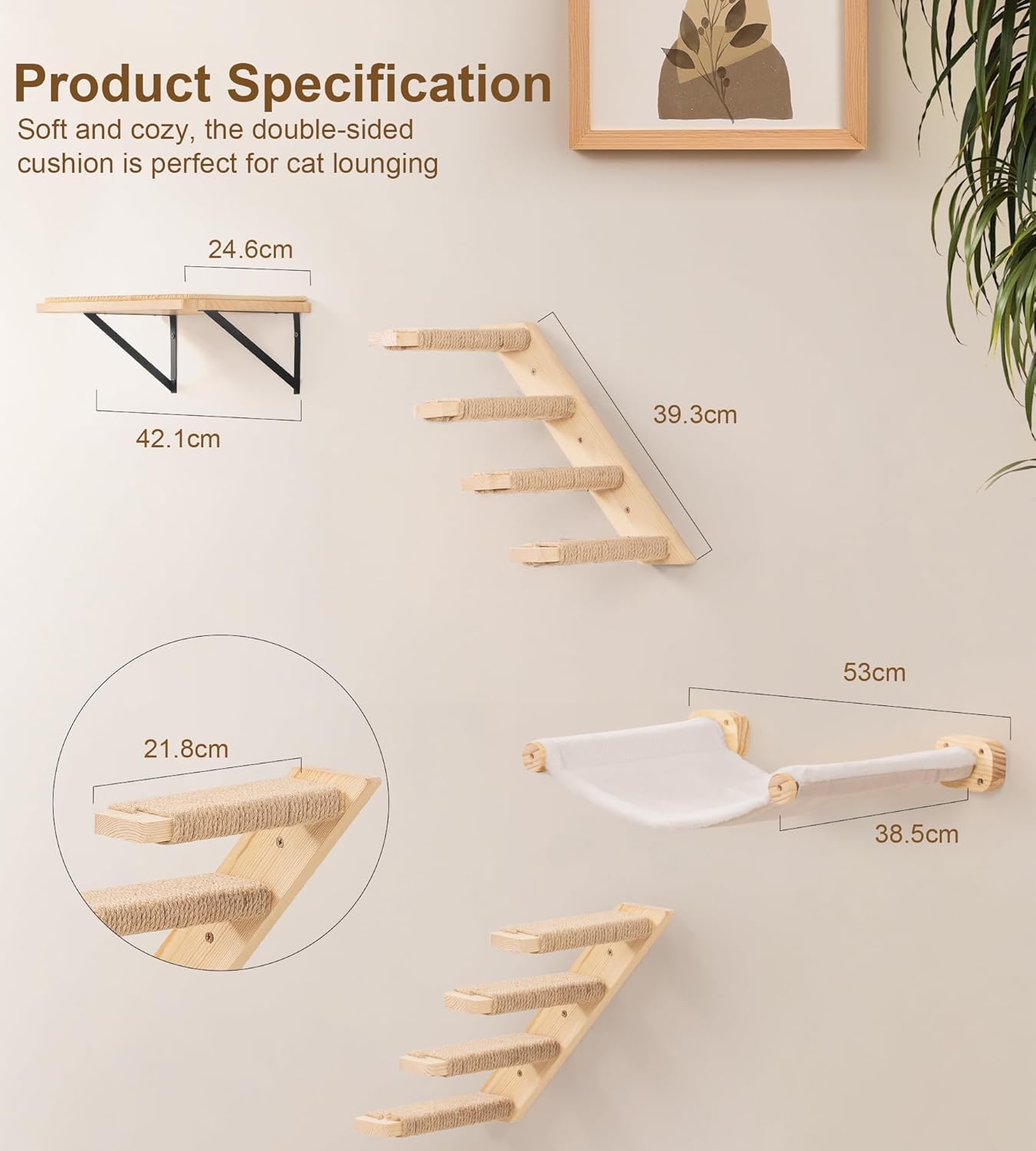 Thumbnail 5 de Cat Hammock Wall Mounted Kitty Bed & Perch set with 2 steps and platforms (wooden cat wall furniture)