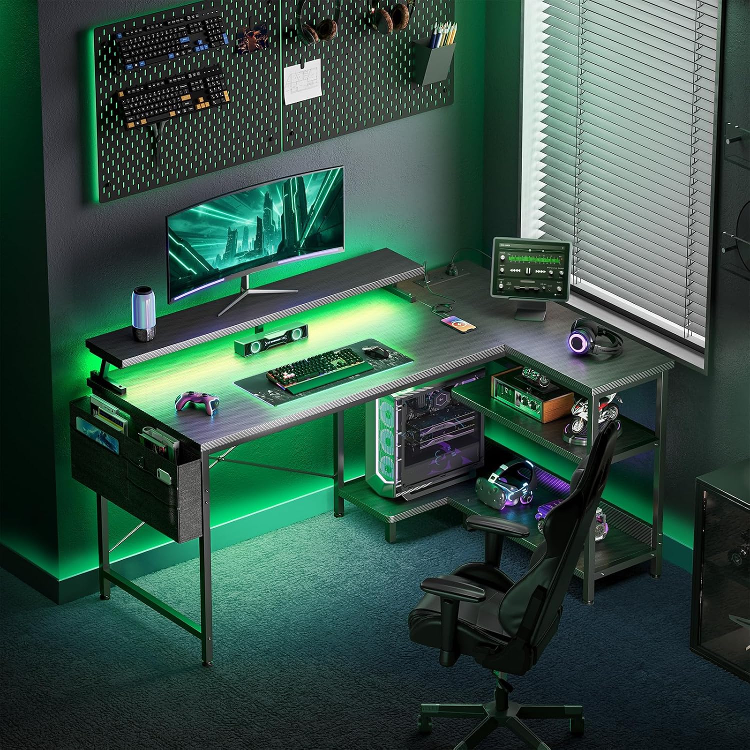 Thumbnail 1 de Coleshome L Shaped Gaming Desk with LED Lights (120 × 80 cm) – Carbon Fibre Black