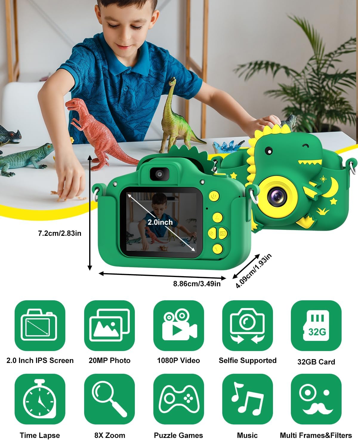 Thumbnail 1 de GREENKINDER Kids Camera 2.0” Dual Lens 20MP with 1080P Video, 32GB Card