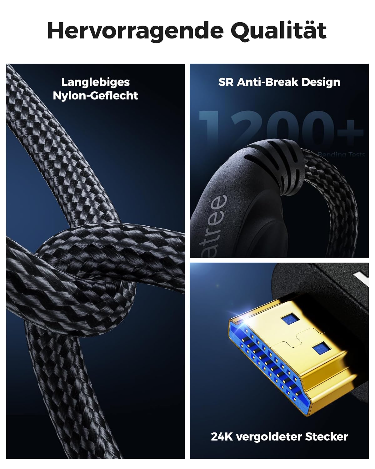 Detalle de Cratree HDMI Kabel 10 m (8K 60 Hz, 4K 120 Hz, 48 Gbps) – High-Speed, geflochten, eARC/HDCP 2.2/2.3 kompatibel