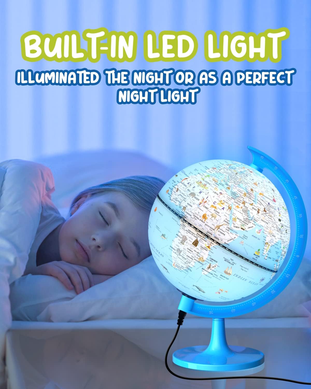 Thumbnail 3 de JOWHOL Illuminated Animal Globe for Kids – USB‑Powered 20 cm Educational Globe (Blue)