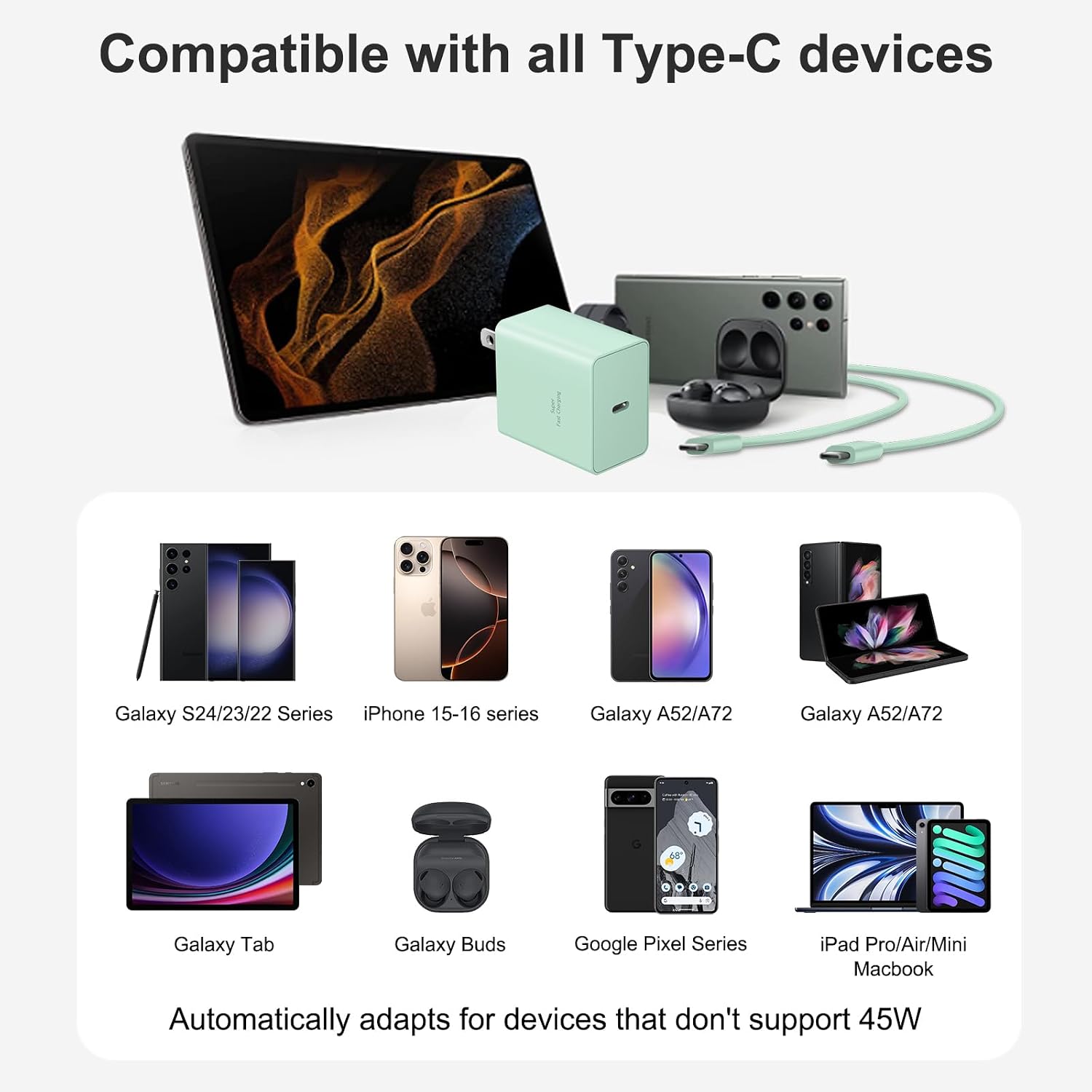 Detalle 1 de Novobit DP-A127G45 45W USB-C Charger Set with 10-Foot Green Cables
