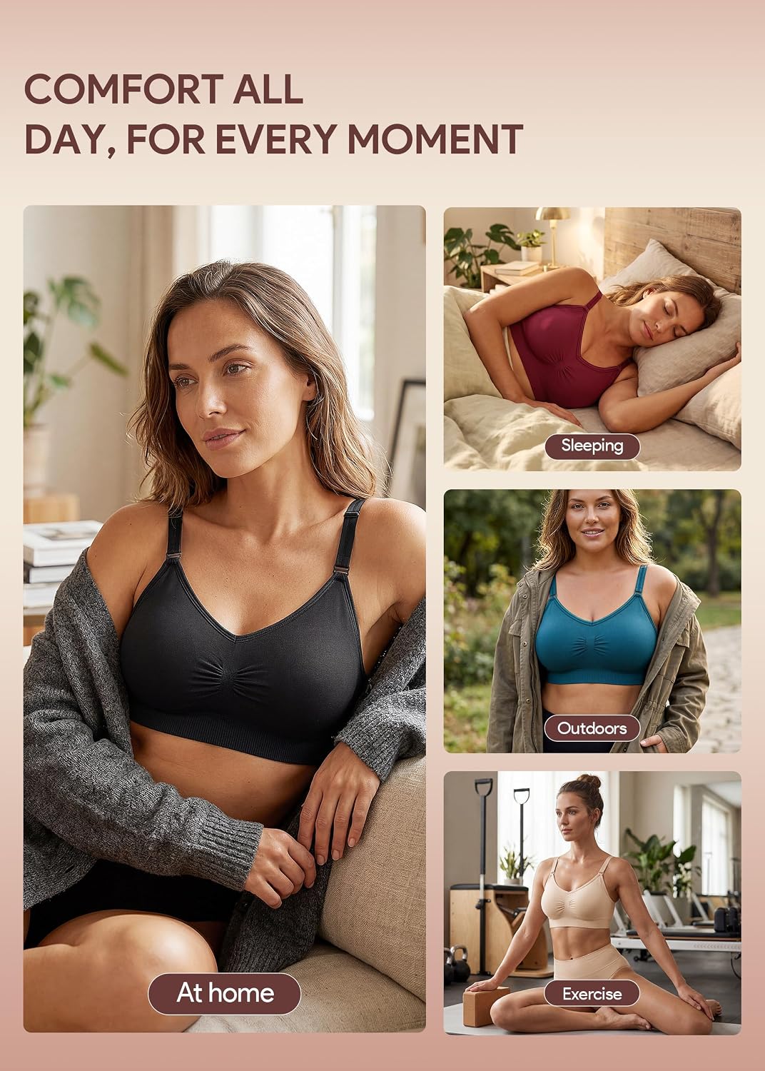 Detalle de HBselect 4er-Pack Damen-BHS ohne Bügel Seamless T-Shirt Bra / Yoga-Bustier mit herausnehmbaren Pads
