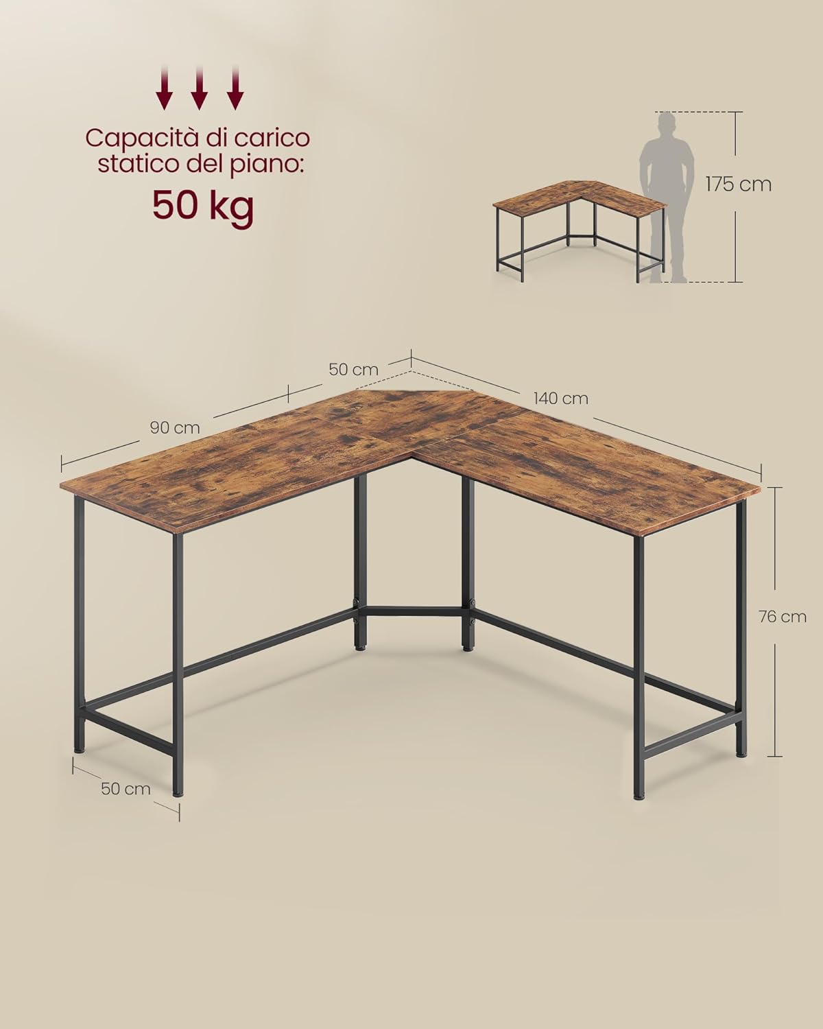 Thumbnail 2 de VASAGLE Scrivania ad Angolo a Forma di L 140×140 cm – Marrone Vintage e Nero Inchiostro (LWD73XV1)