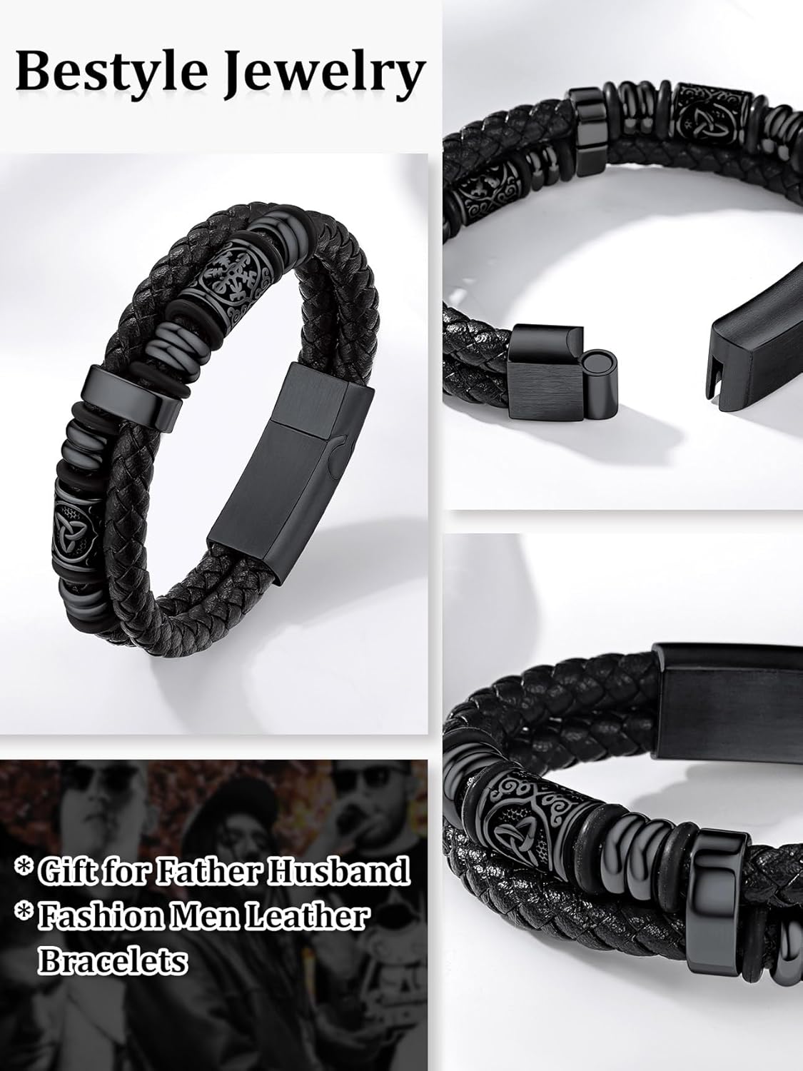 Thumbnail 3 de Bestyle pulsera de hombre de cuero y acero inoxidable con brújula vikinga (cierre magnético) negra, 21 cm