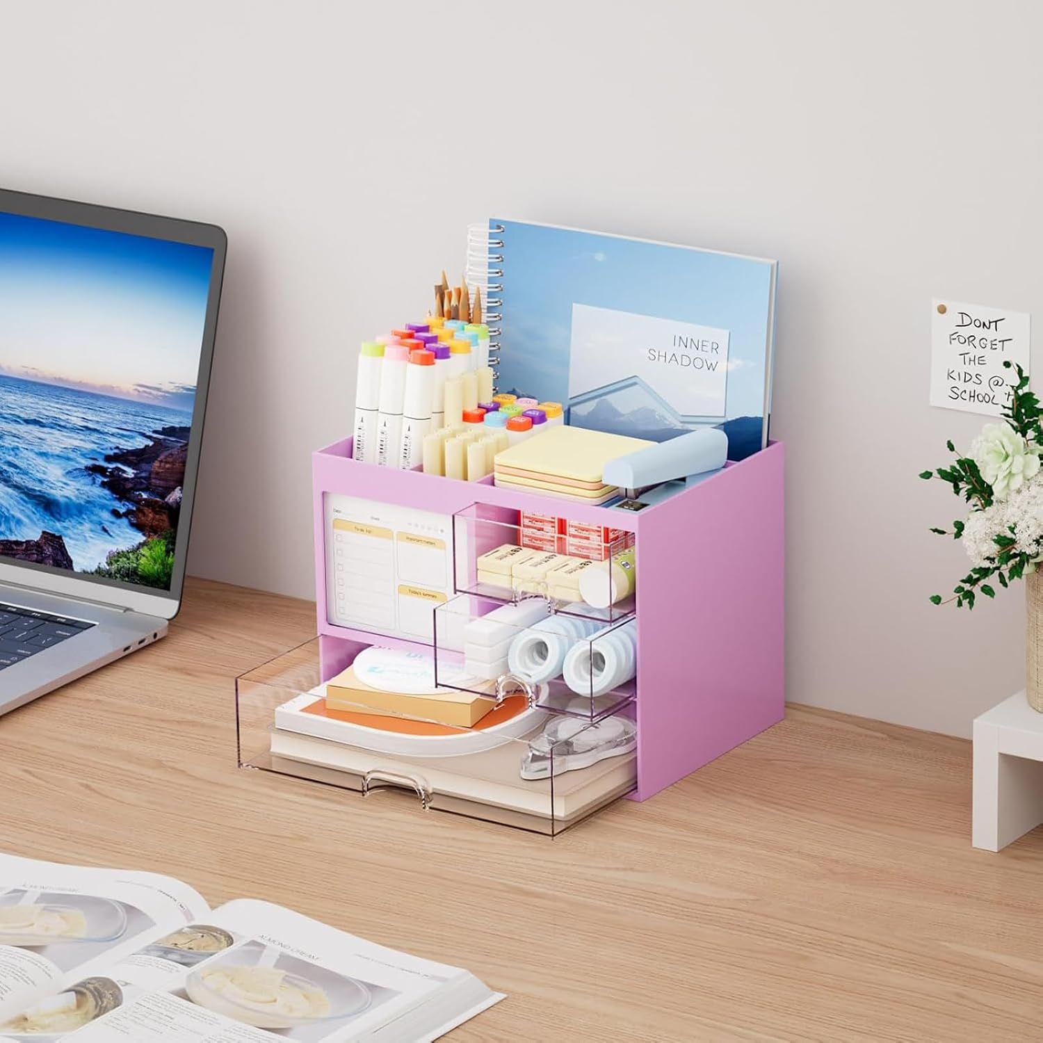 Detalle 2 de Marbrasse Schreibtisch Organizer mit 3 Schubladen – violett, große Kapazität, 20,32 × 14,23 × 15,5 cm