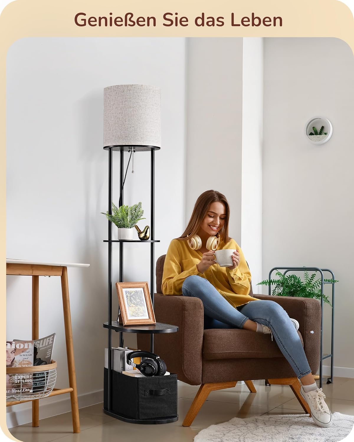Thumbnail 6 de EDISHINE Stehlampe Wohnzimmer mit Regal und Aufbewahrungskorb – 165 cm, USB-Ladefunktion, 3 Farbtemperaturen