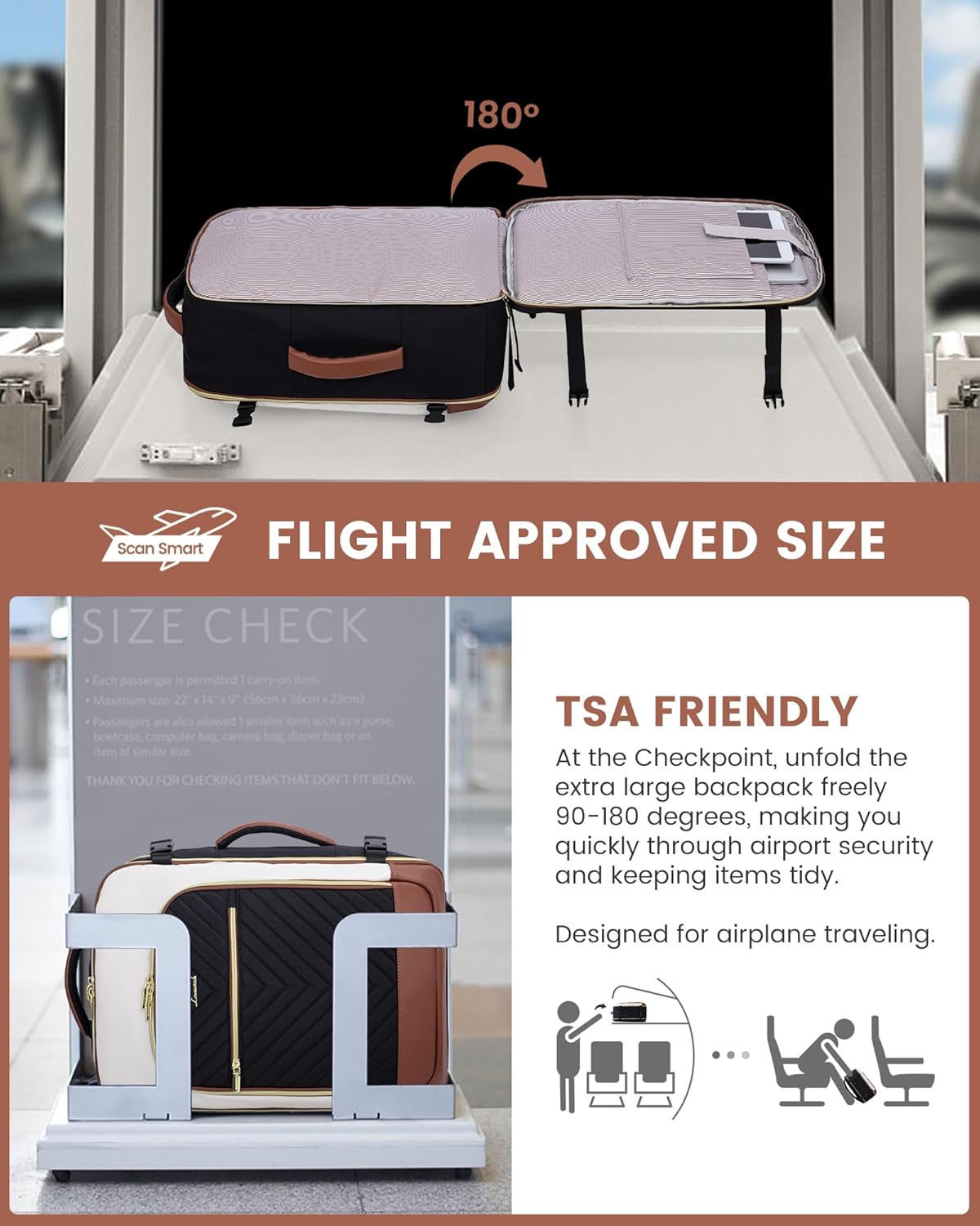 Detalle de LOVEVOOK Handgepäck-Rucksack 40L mit Laptopfach (bis 17,3") – Damen-Reiserucksack für Cabin Luggage