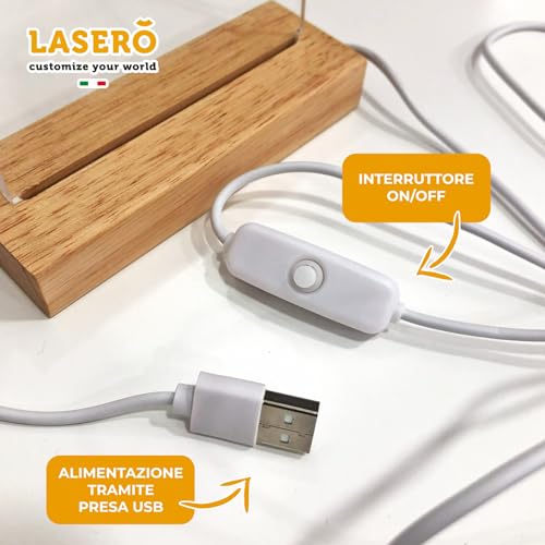 Detalle de LASERO' Lampada con Foto Personalizzata - Stampa UV su Plexiglass con Base in Legno, LED Caldo e USB | Regalo Unico