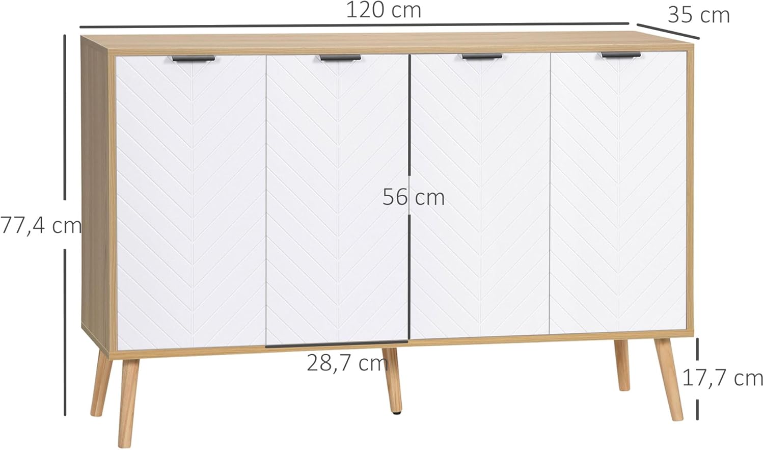 Thumbnail 2 de HOMCOM Buffet Salon avec 4 portes et étagère réglable (120 x 35 x 77,4 cm) blanc et bois naturel