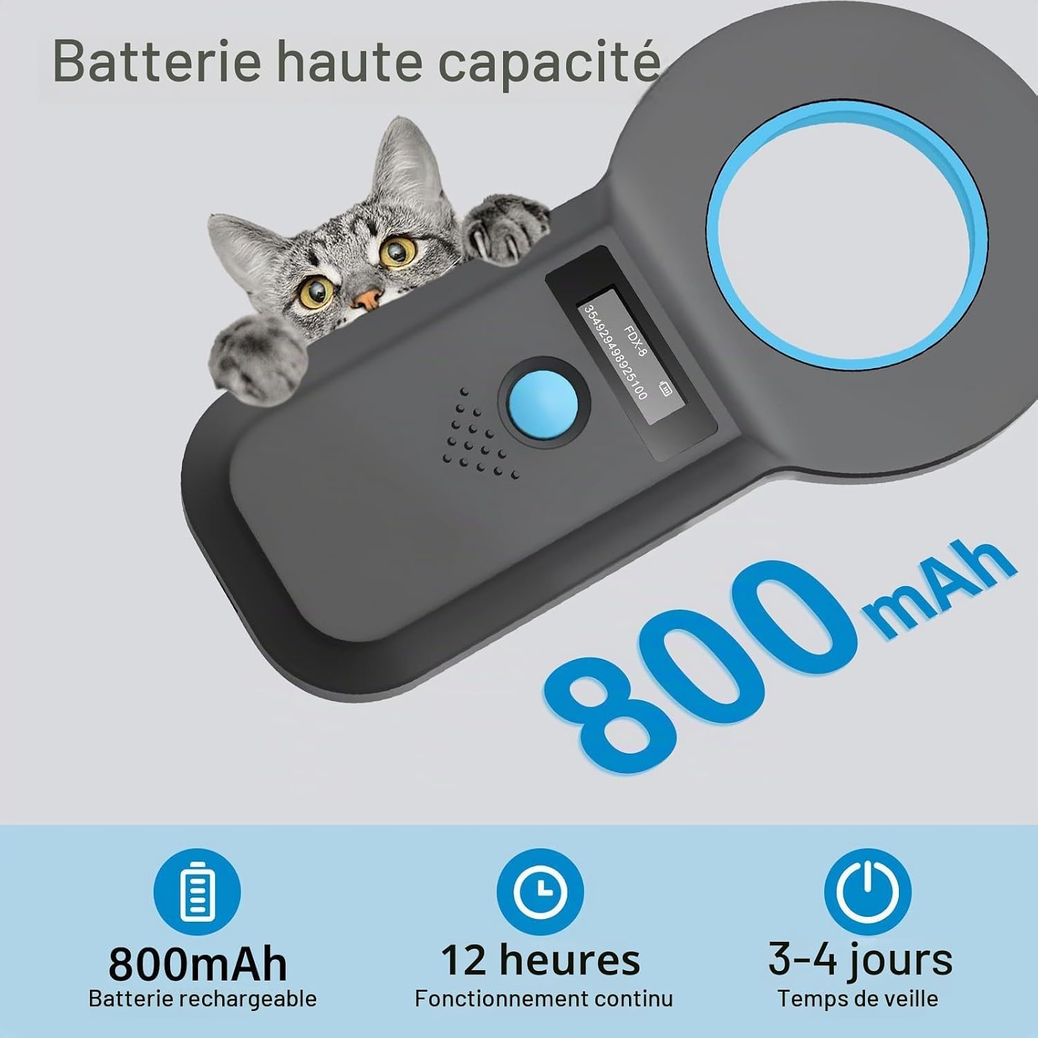 Detalle de Suoxiom RFID-microchiplezer voor huisdieren met OLED-scherm en USB-opladen