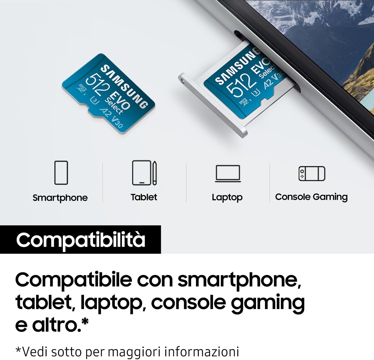 Thumbnail 3 de Samsung Memorie EVO Select microSD da 128GB (UHS-I U3, fino a 160 MB/s) con adattatore SD