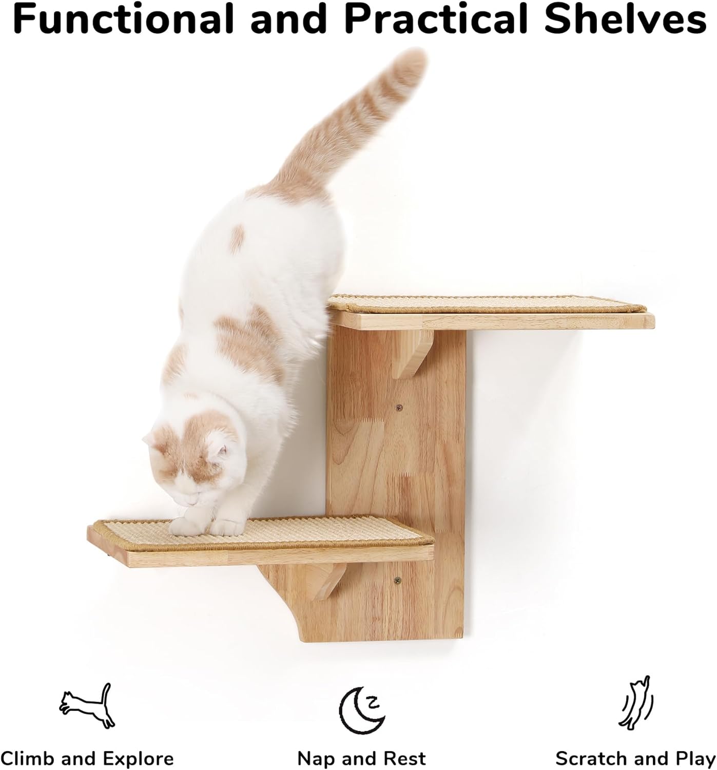 Thumbnail 2 de FUKUMARU Cat Wall Shelves with 2 Platforms, Tree-Shape Perch and Sisal Mat (for 16 inch drywall studs)
