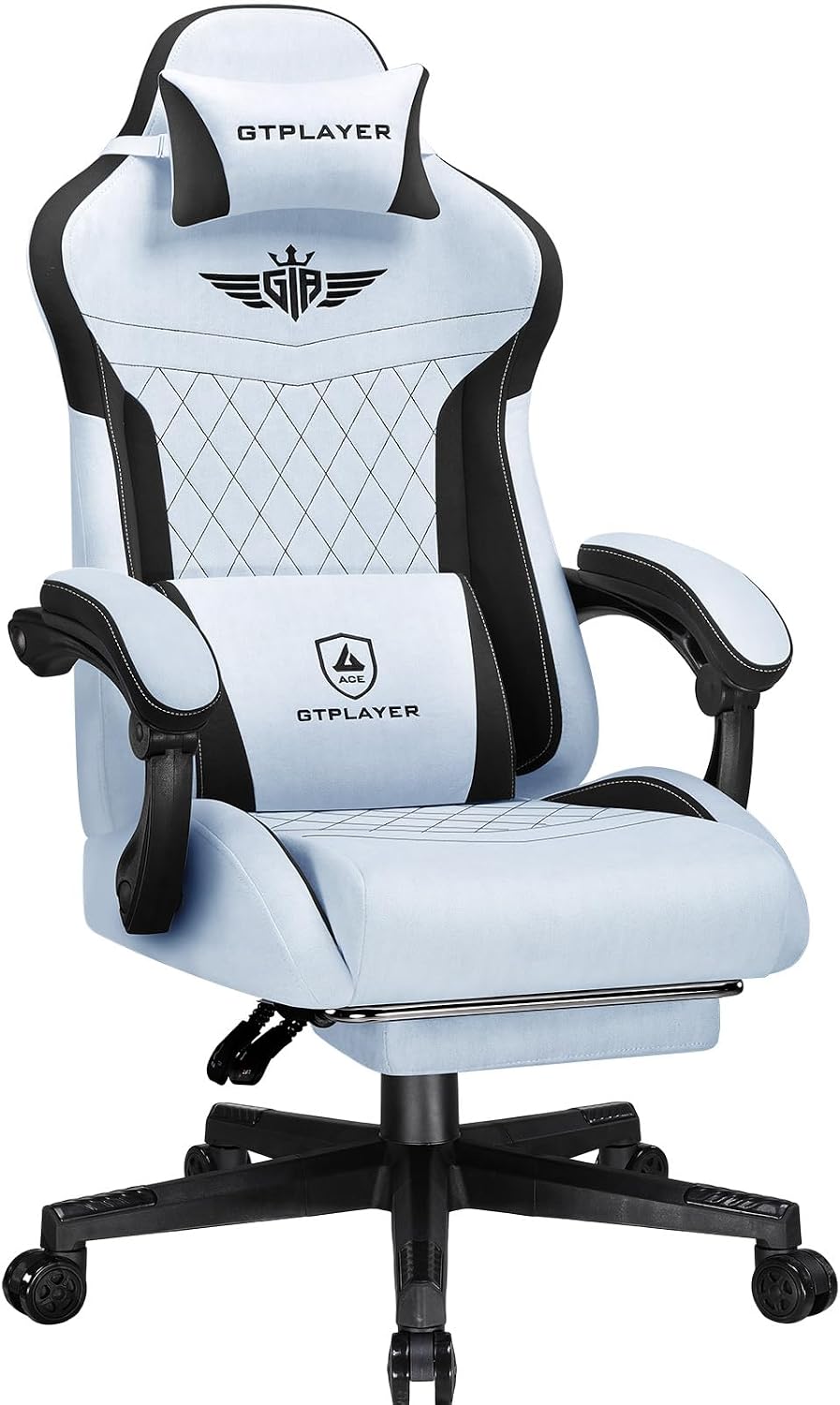 GTPLAYER Sedia da gaming ergonomica in velluto azzurro con supporto lombare, schienale 150° e poggiapiedi