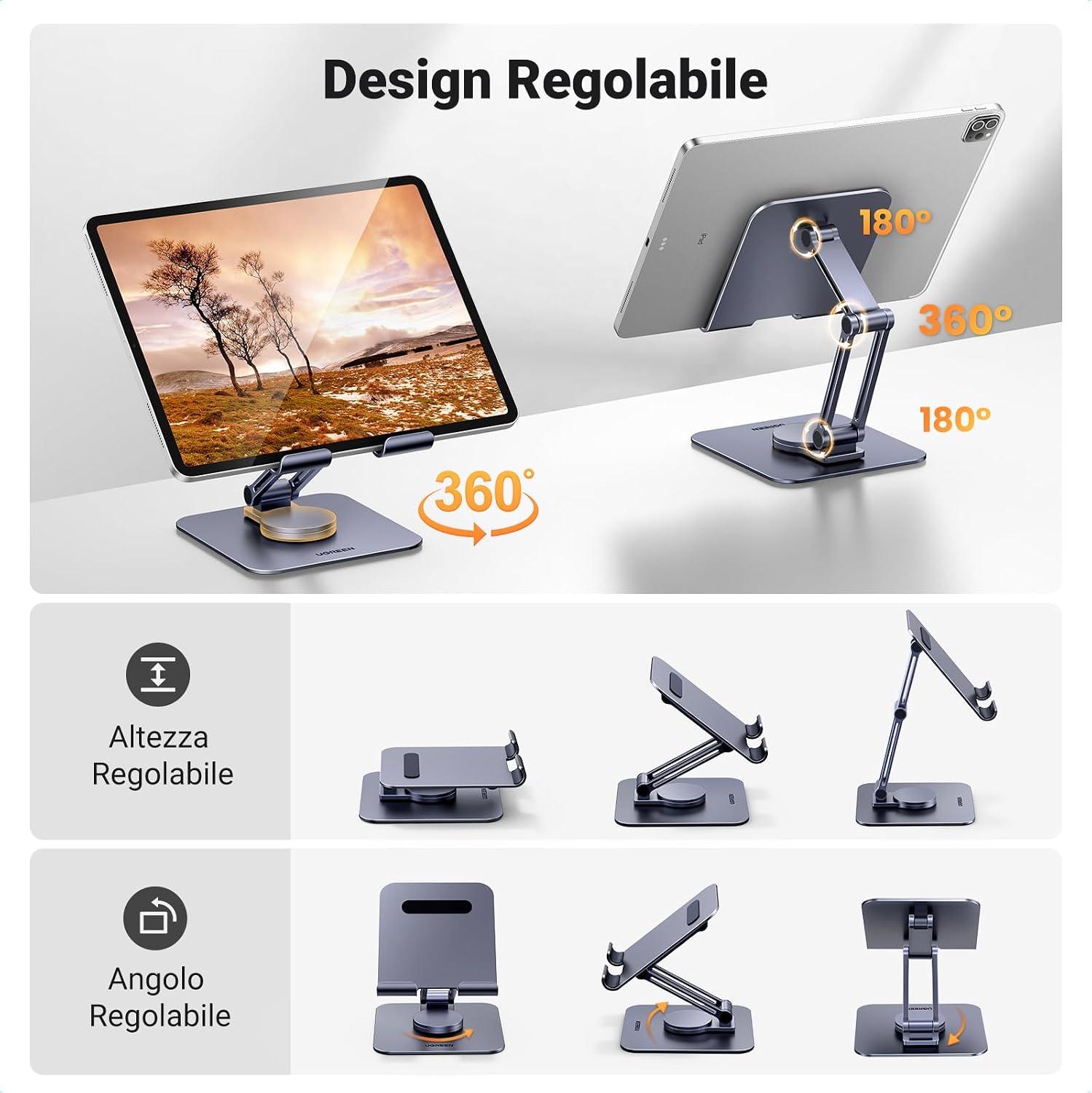 Detalle 2 de UGREEN supporto tablet girevole da tavolo in alluminio, regolabile per Galaxy Tab e iPad/iPhone fino a 12,9”