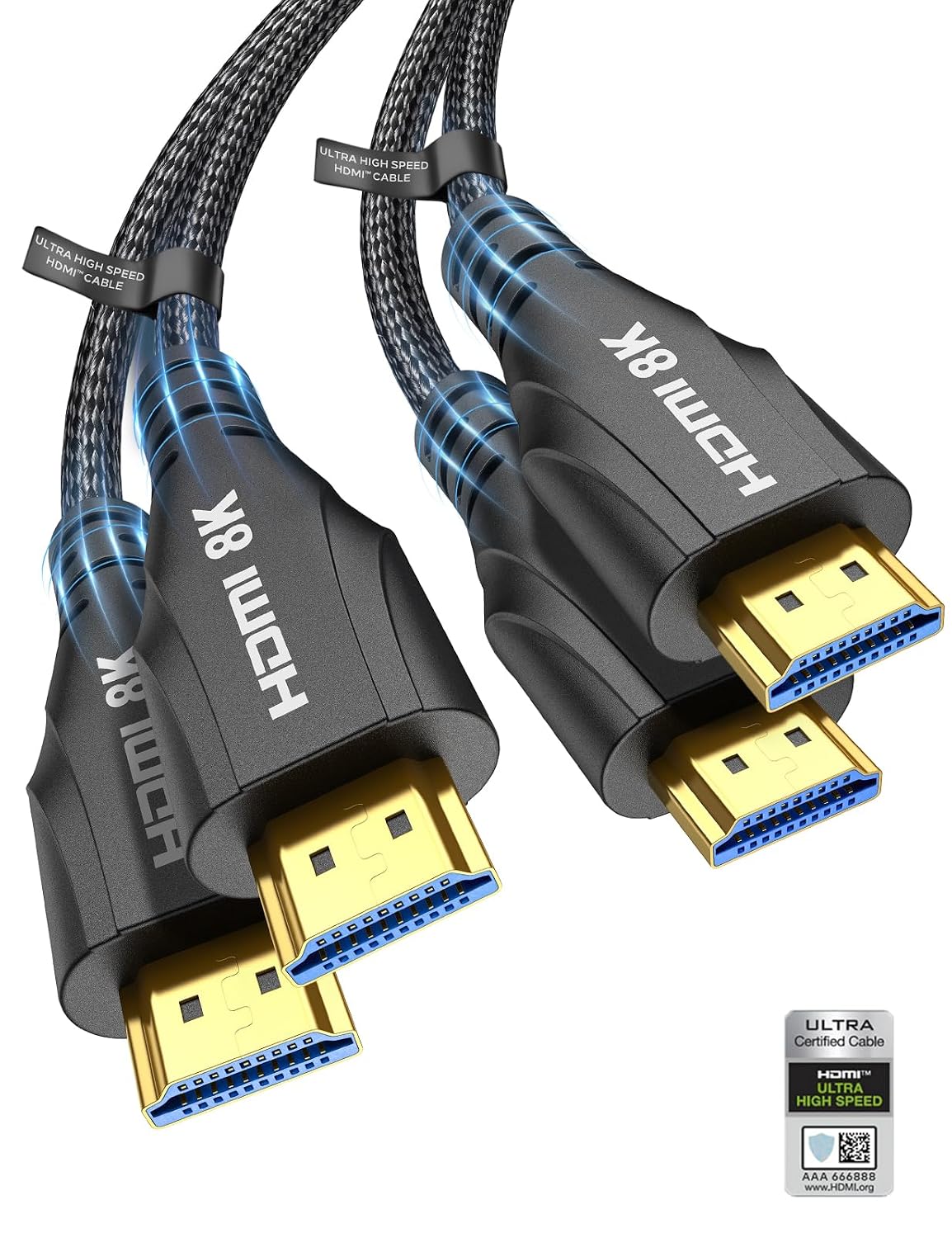 Detalle de Cratree 1m HDMI Cable 2-Pack – Certified 8K Ultra High Speed (48Gbps) with HDCP 2.3, Dolby Atmos & eARC