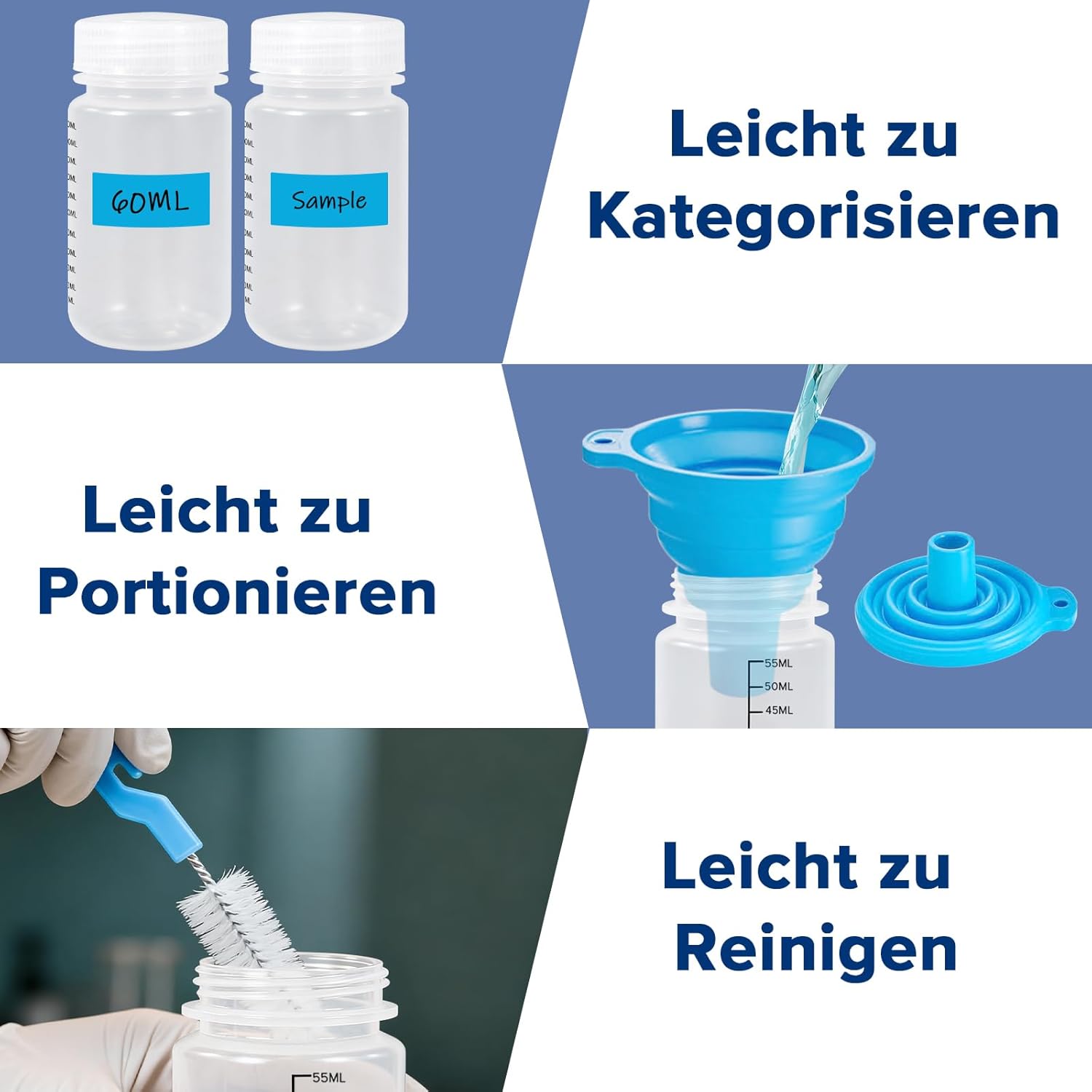 Thumbnail 5 de Mispudin 10er Set Weithalsflaschen mit Skalierung, 60 ml – Laborflaschen aus Kunststoff mit Trichter, Etiketten & Pinsel