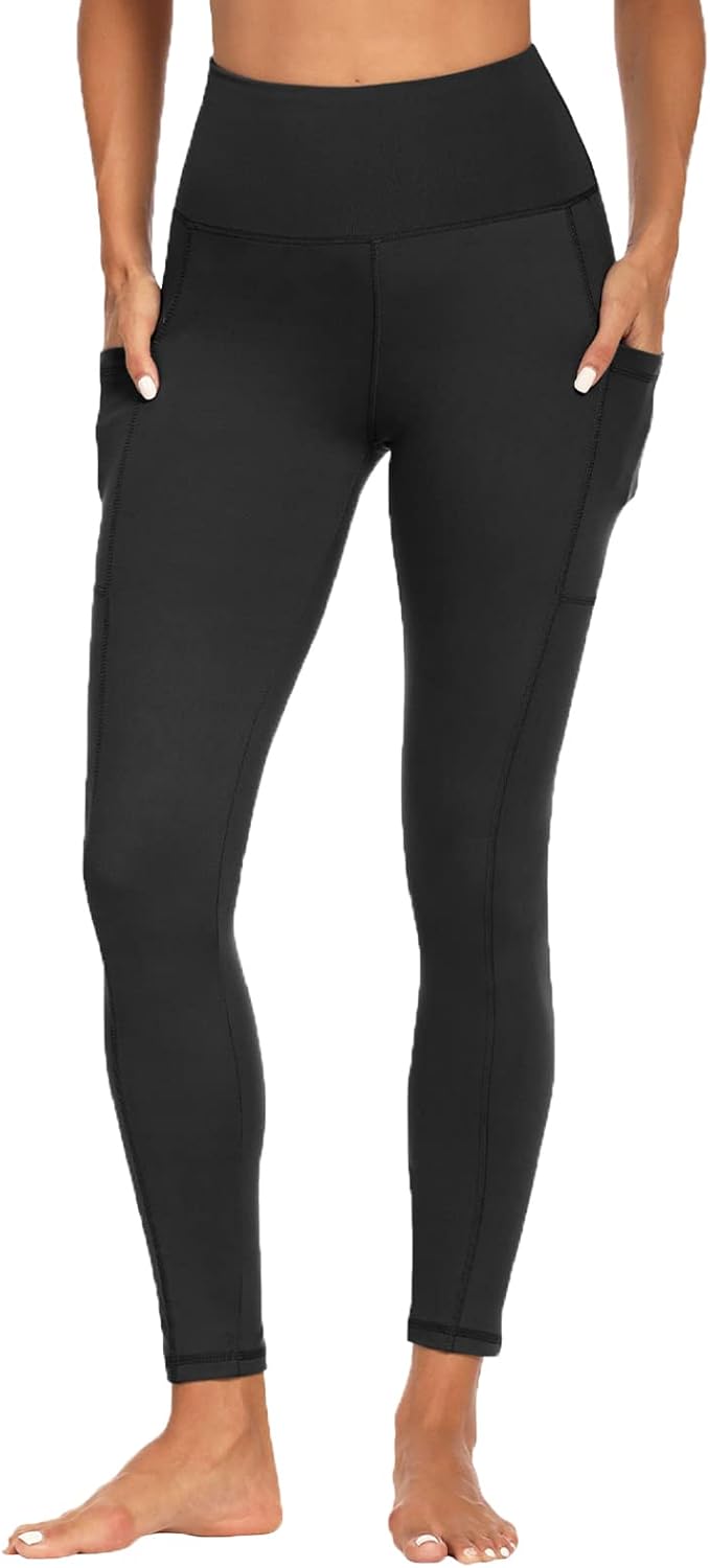 Detalle de FOTOCITI Gym Leggings for Women with Pockets – Black high waisted tummy control workout leggings