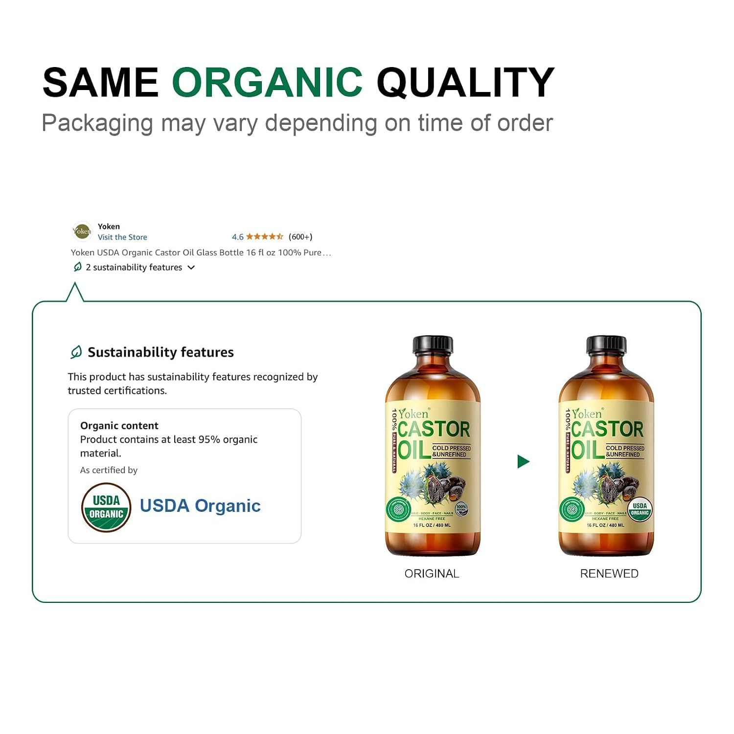 Thumbnail 1 de Yoken EWG Organic Castor Oil 16oz: Cold-Pressed, Hexane-Free, Pure & Multi-Use