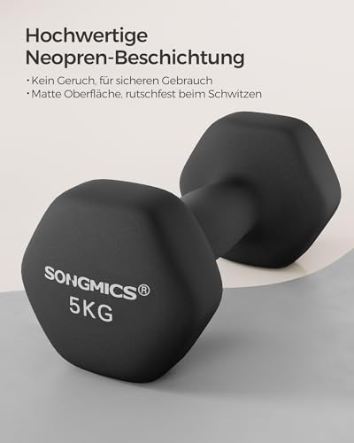 Detalle de SONGMICS Hanteln – 2 x 5 kg Hexagon Kurzhanteln mit Neopren-Beschichtung