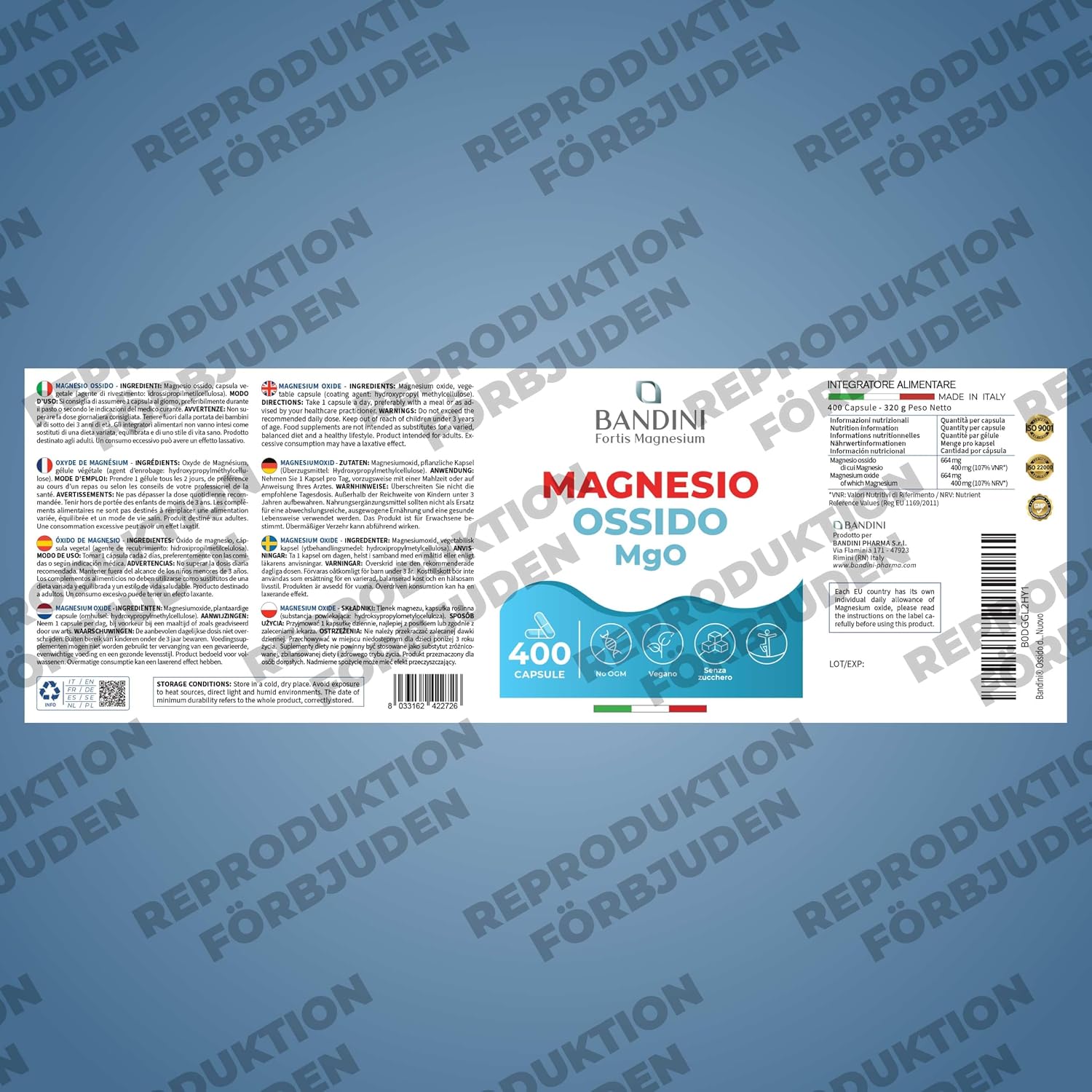 Detalle 1 de BANDINI Fortis Magnesiumoxid – 400 kapslar med 400 mg elementärt magnesium