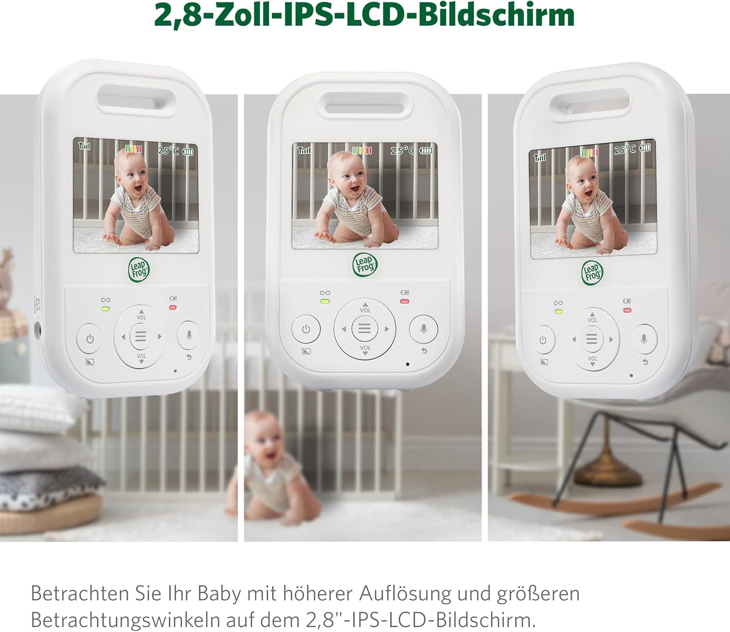 Detalle de LeapFrog LF2513 Video Baby Monitor No WiFi – 2,8 Zoll IPS LCD, Pan & Tilt, Nachtsicht, 300 m Reichweite