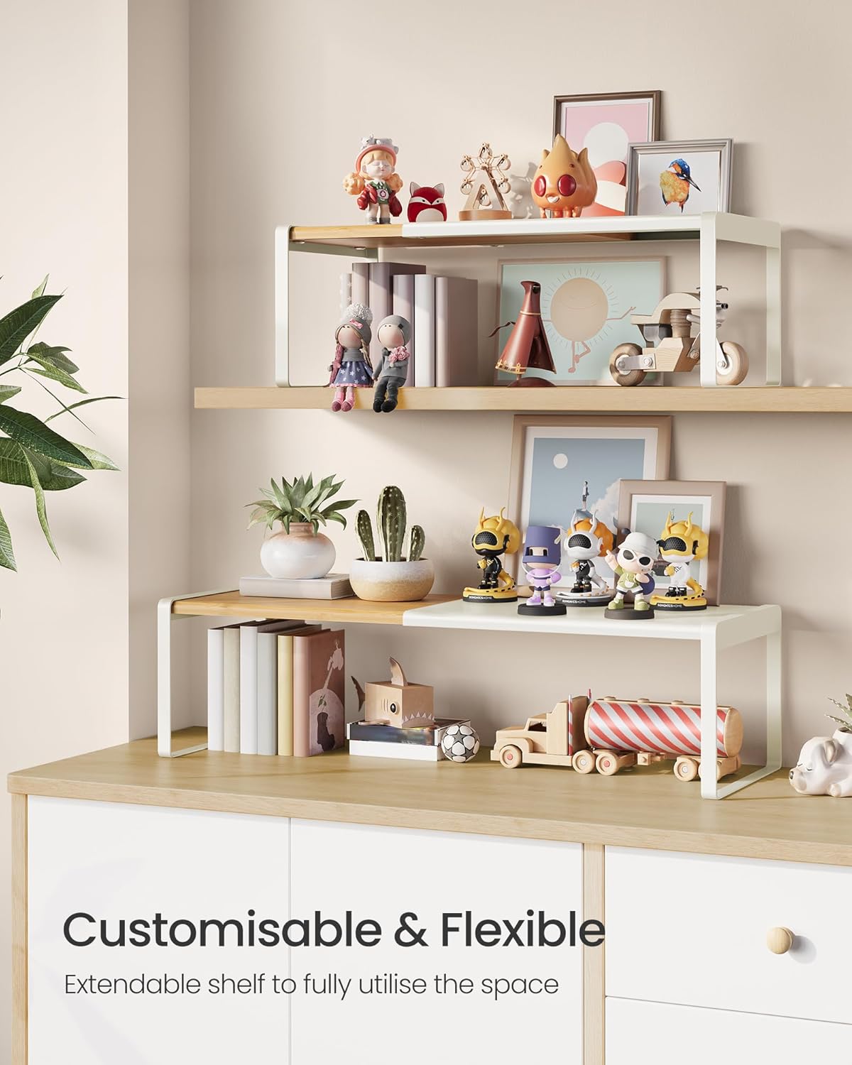 Detalle de SONGMICS HOME Spice Racks Set of 2: Extendable Bamboo & Steel Shelves for Kitchen and Beyond