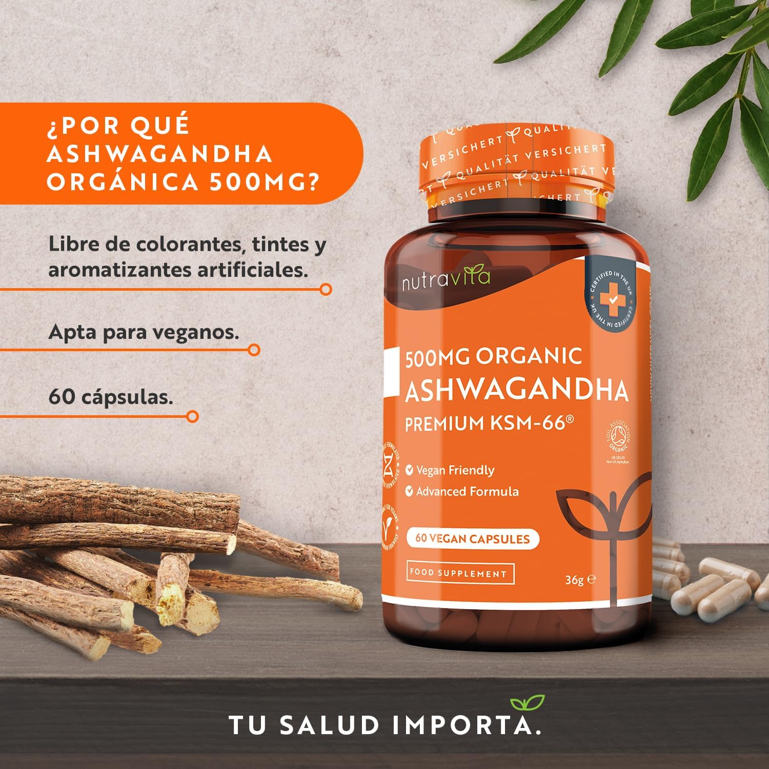 Detalle 2 de Nutravita Ashwagandha Orgánica 500mg cápsulas