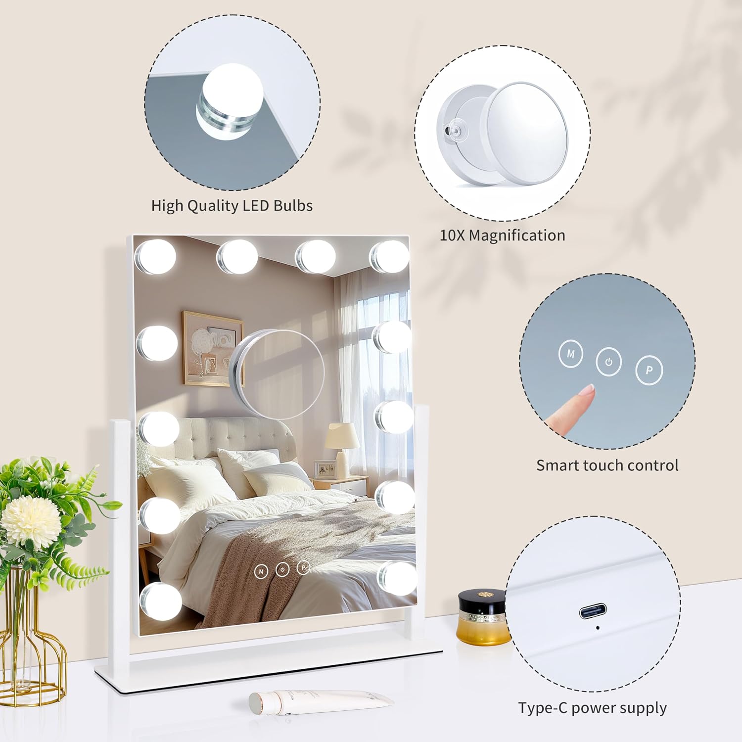 Detalle de Kotdning Lighted Vanity Mirror with 12 Bulbs, 3 Color Modes and 10x Magnifier