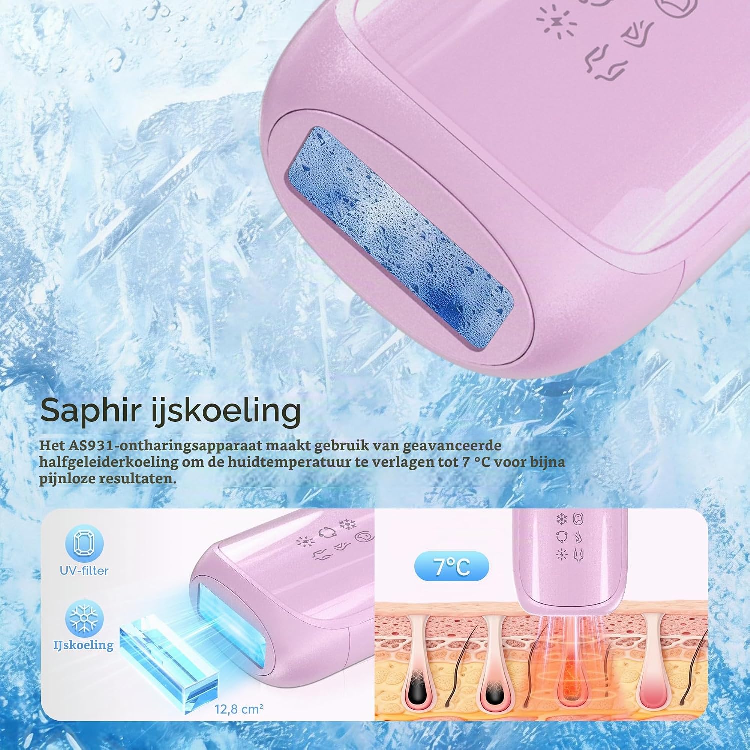 Detalle de Anysea IPL-ontharingsapparaat met saffierkoeling, 3 standen en 300.000 flitsen